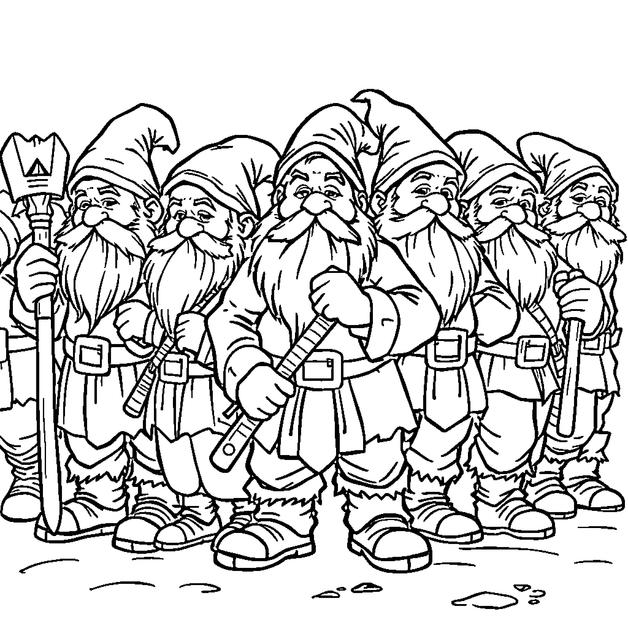 Dwarf elves marching in a group Coloring Page (free black-and-white line drawing printable PDF for all, from beginners to advanced learners, including children, teens, adults, and seniors)
