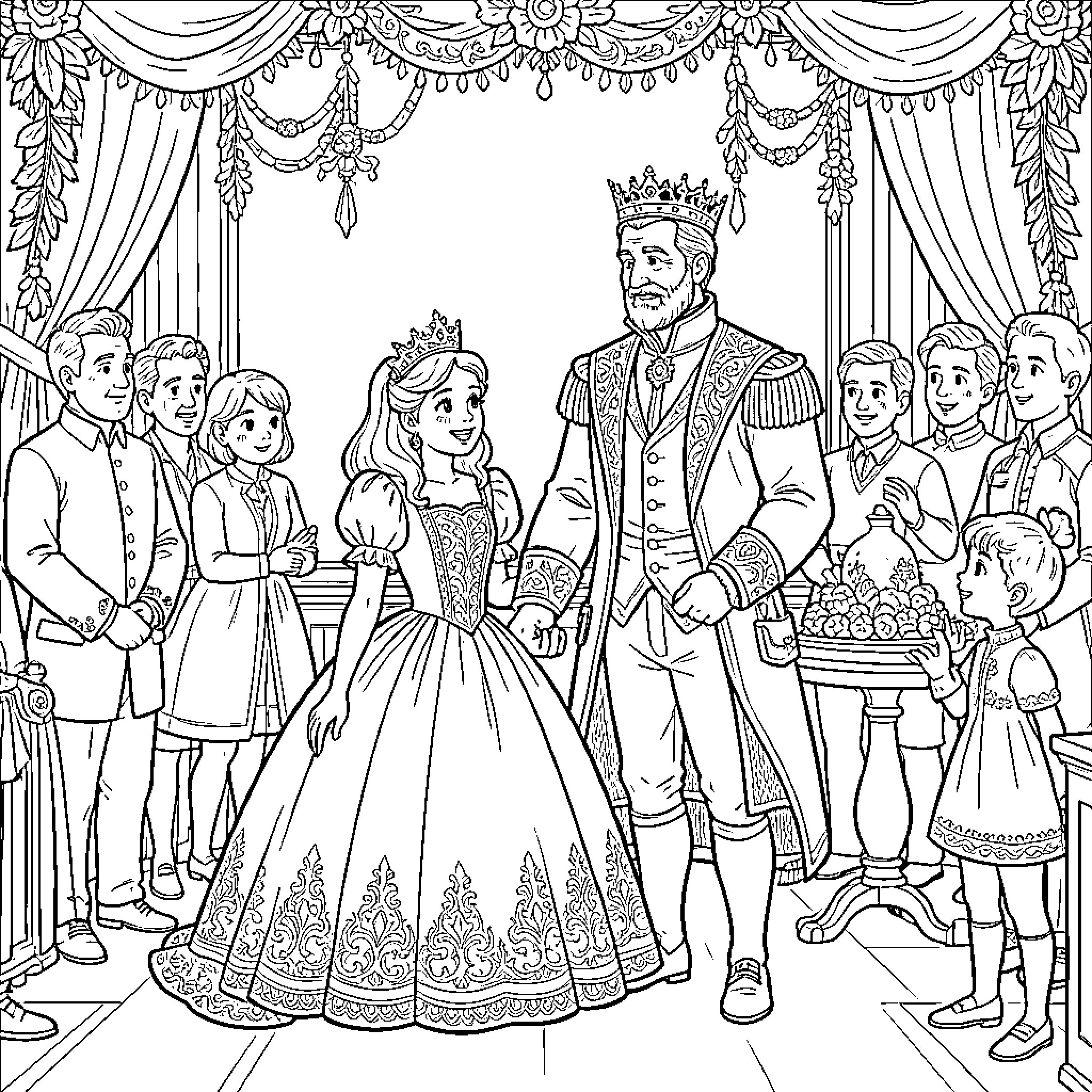Princess walking hand in hand with a king Coloring Page (free black-and-white line drawing printable PDF for all, from beginners to advanced learners, including children, teens, adults, and seniors)