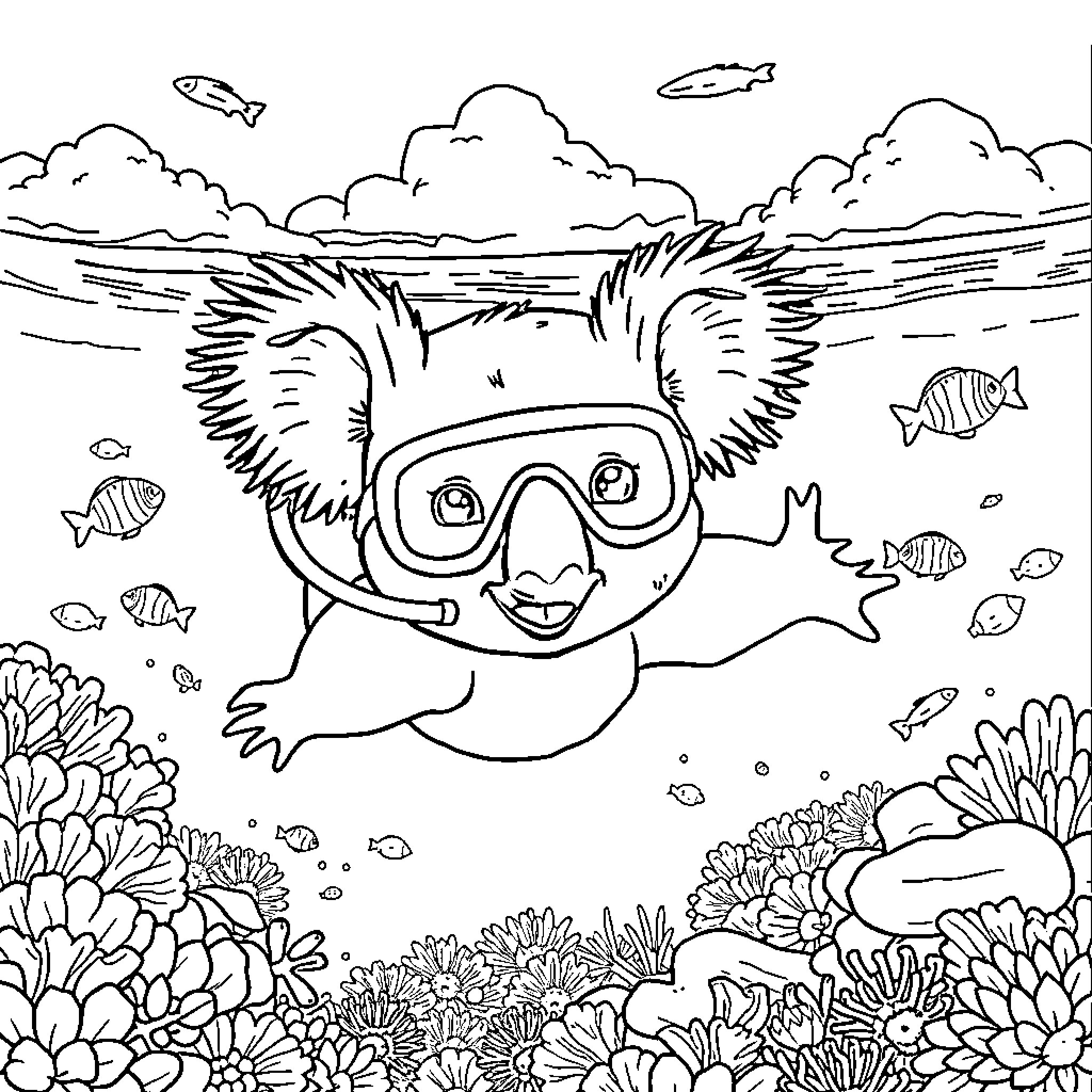 Koala snorkeling in the underwater coral reef Coloring Page (free black-and-white line drawing printable PDF for all, from beginners to advanced learners, including children, teens, adults, and seniors)