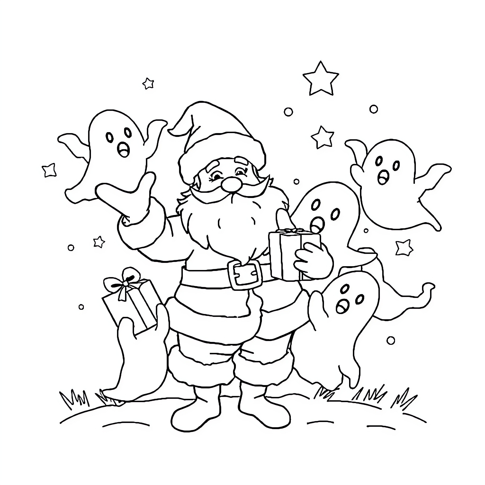 Santa with Ghostly Companions Celebrating Coloring Page (free black-and-white line drawing printable PDF for all, from beginners to advanced learners, including children, teens, adults, and seniors)