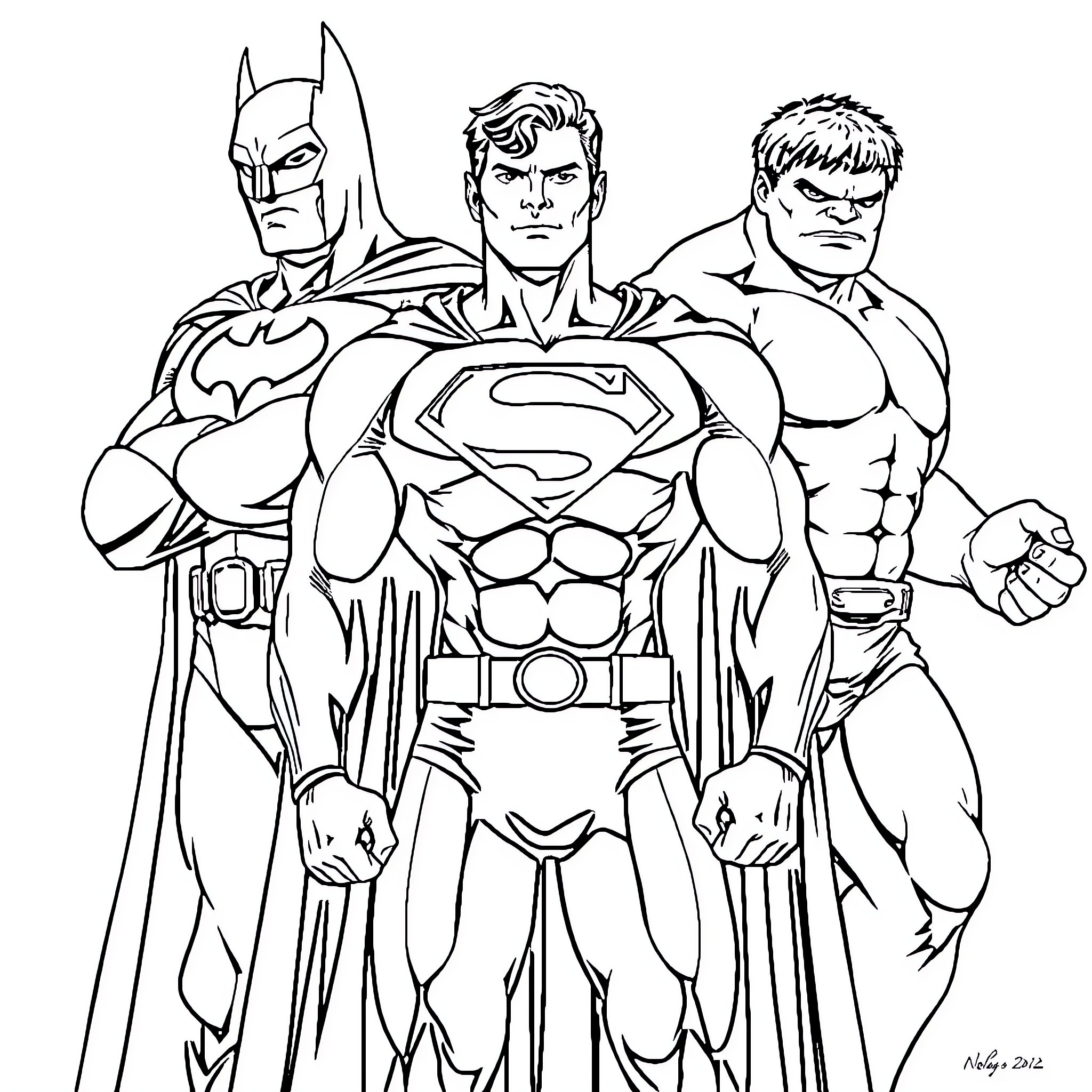 Superman, Batman, and Hulk in heroic stances Coloring Page (free black-and-white line drawing printable PDF for all, from beginners to advanced learners, including children, teens, adults, and seniors)