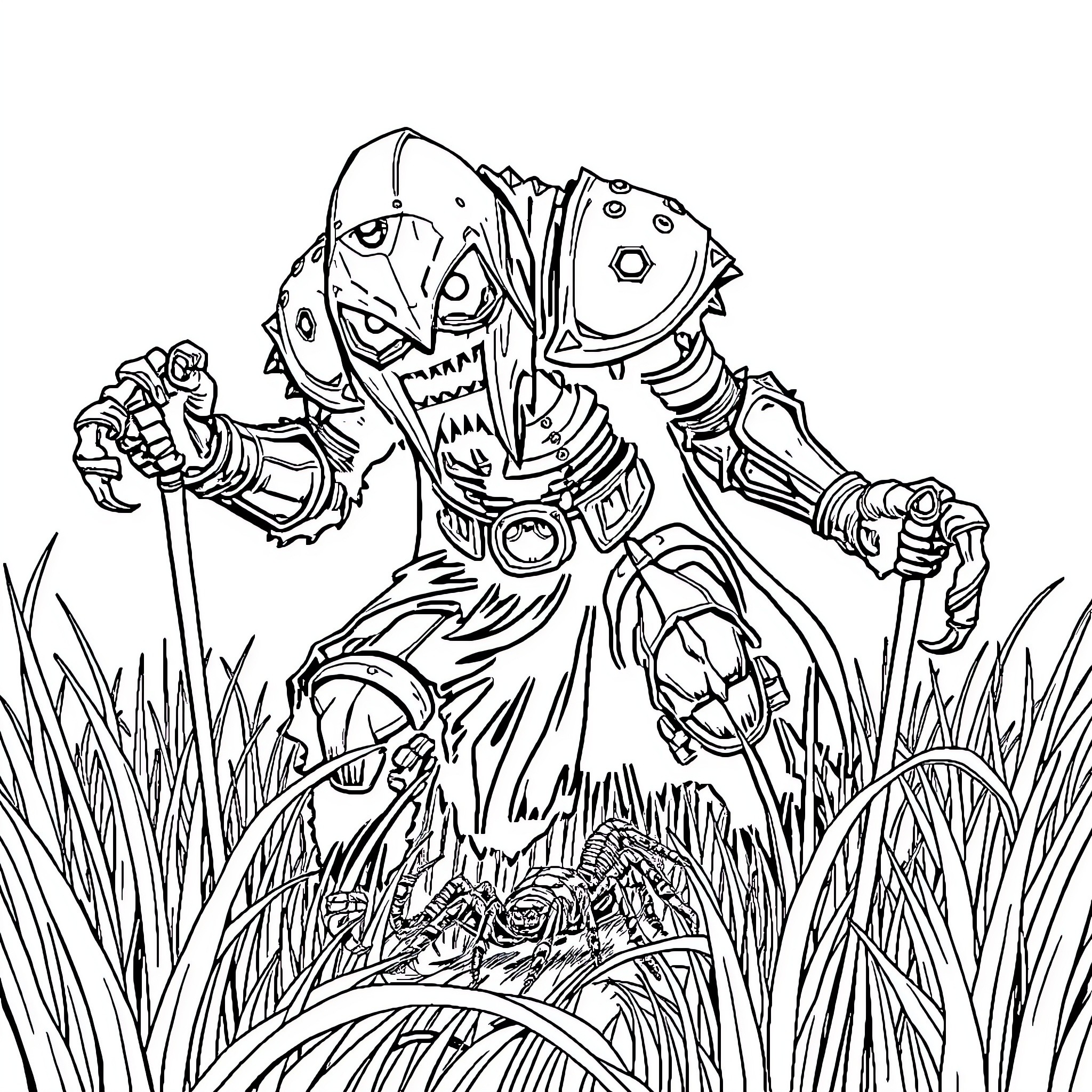 Iron Golem Stomping Through Overgrown Terrain Coloring Page (free black-and-white line drawing printable PDF for all, from beginners to advanced learners, including children, teens, adults, and seniors)