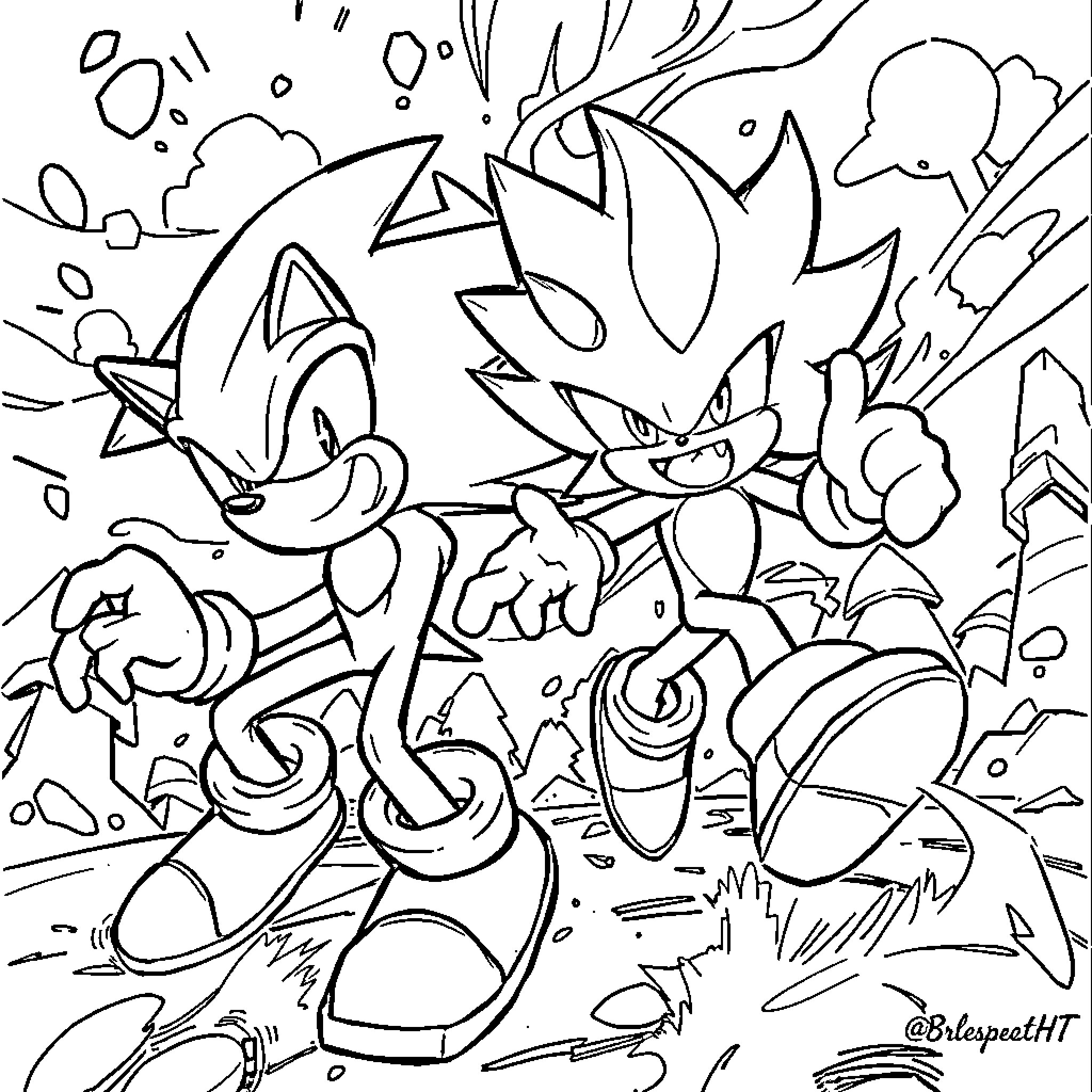 Brainroot Sonic and Shadow in action Coloring Page (free black-and-white line drawing printable PDF for all, from beginners to advanced learners, including children, teens, adults, and seniors)