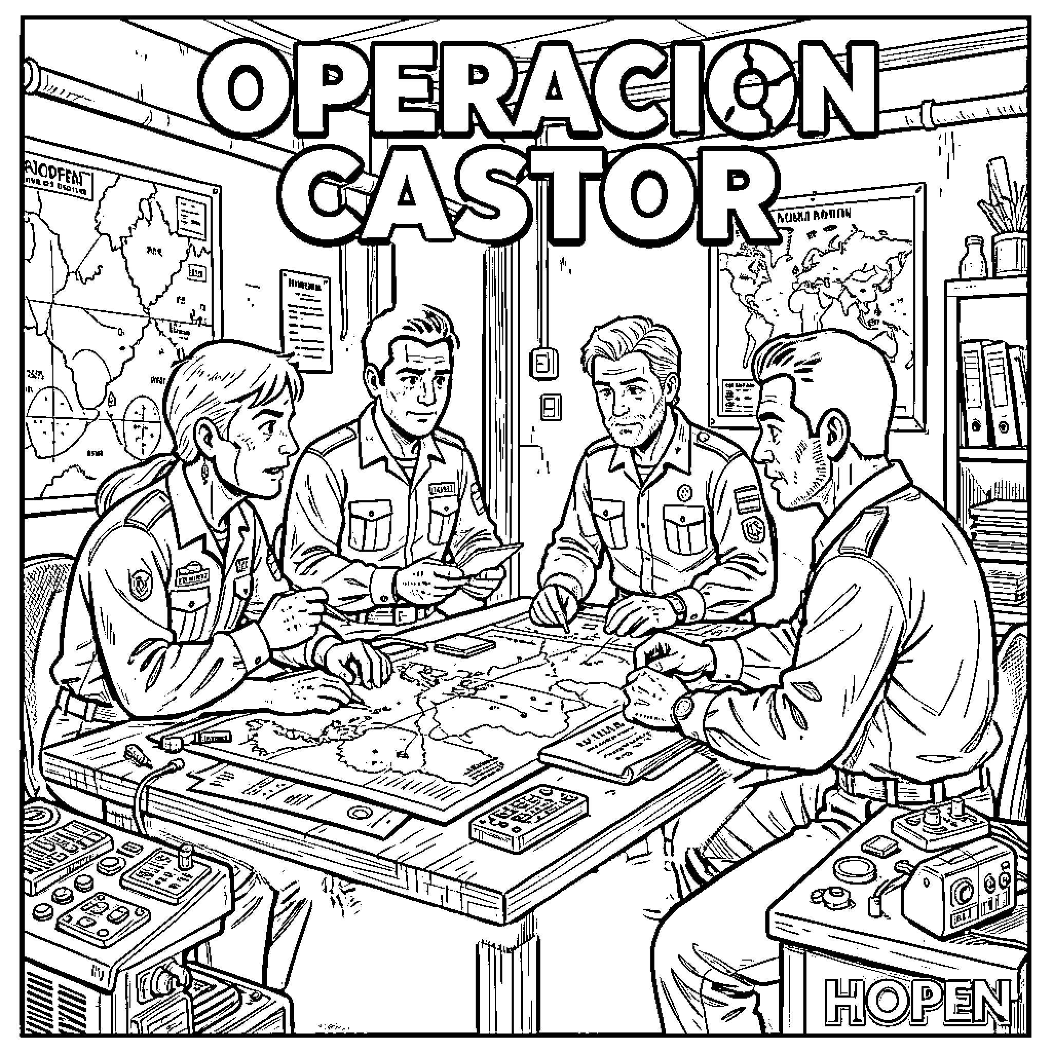 Hopen: Team of operatives planning a mission Coloring Page (free black-and-white line drawing printable PDF for all, from beginners to advanced learners, including children, teens, adults, and seniors)