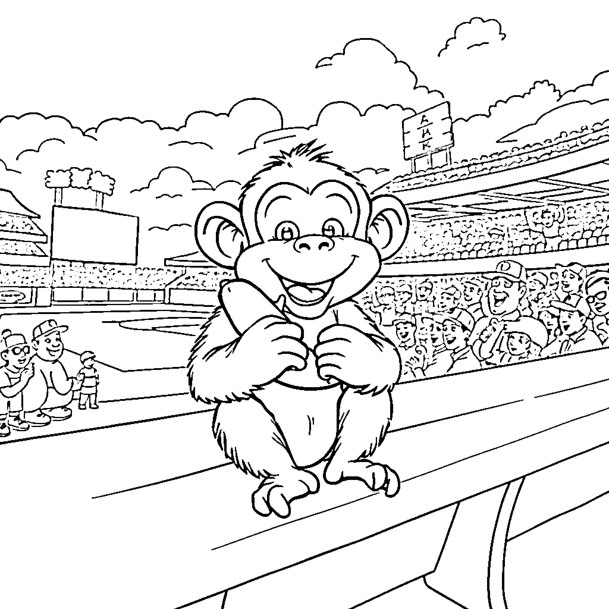 Monkey Cheers Excitedly at the Stadium Coloring Page (free black-and-white line drawing printable PDF for all, from beginners to advanced learners, including children, teens, adults, and seniors)
