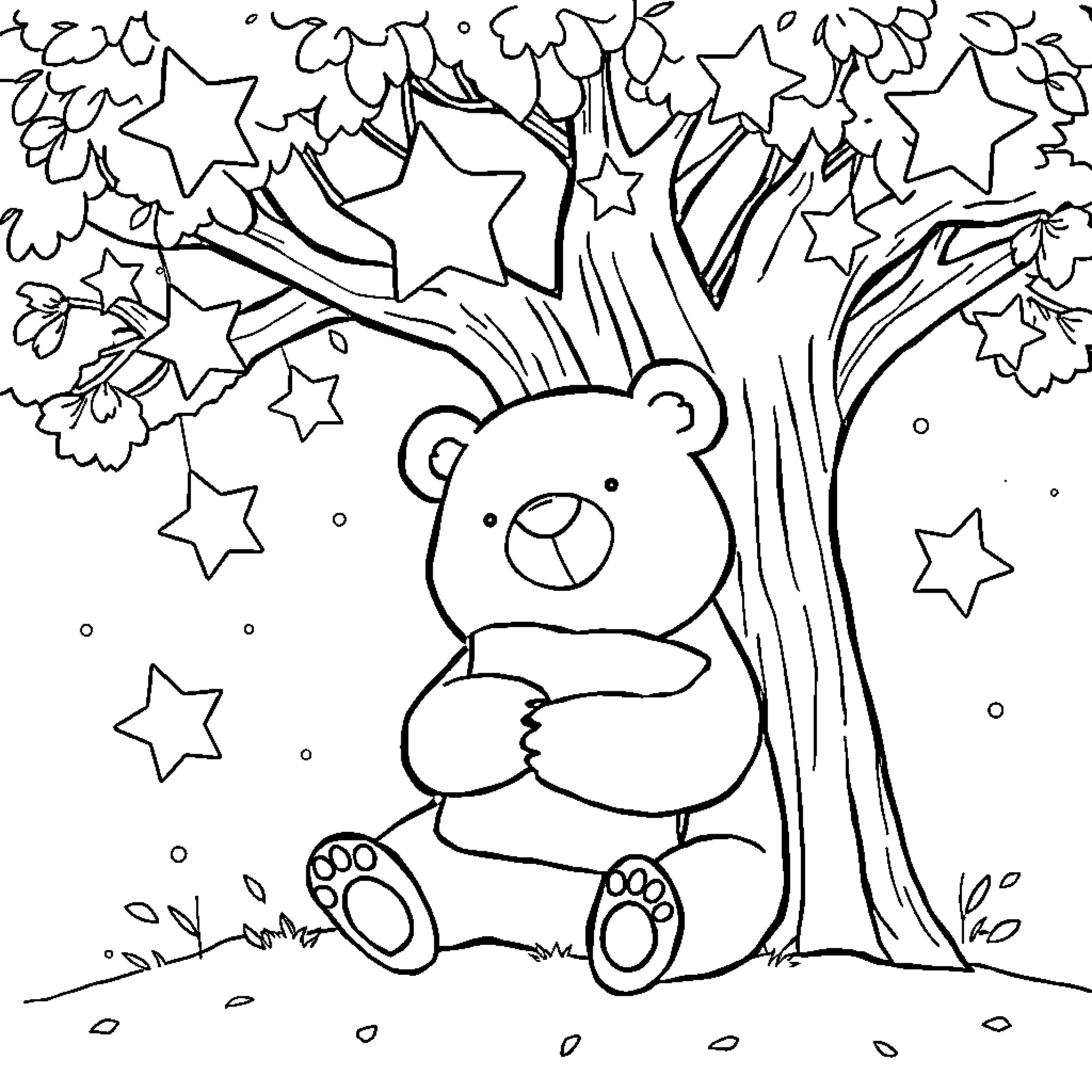 Bear sitting under starry tree Coloring Page (free black-and-white line drawing printable PDF for all, from beginners to advanced learners, including children, teens, adults, and seniors)