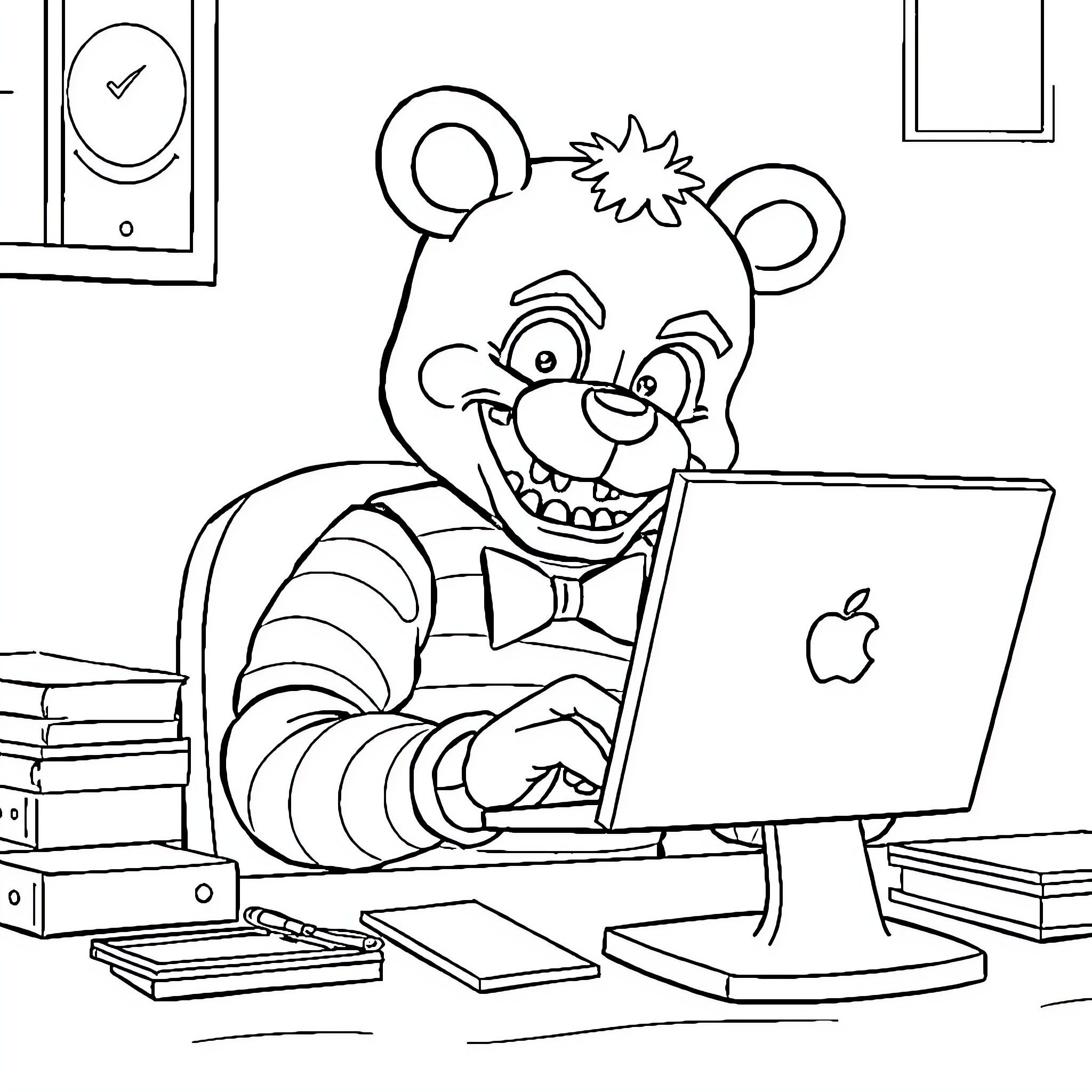 Freddy Fazbear working diligently on a computer Coloring Page (free black-and-white line drawing printable PDF for all, from beginners to advanced learners, including children, teens, adults, and seniors)