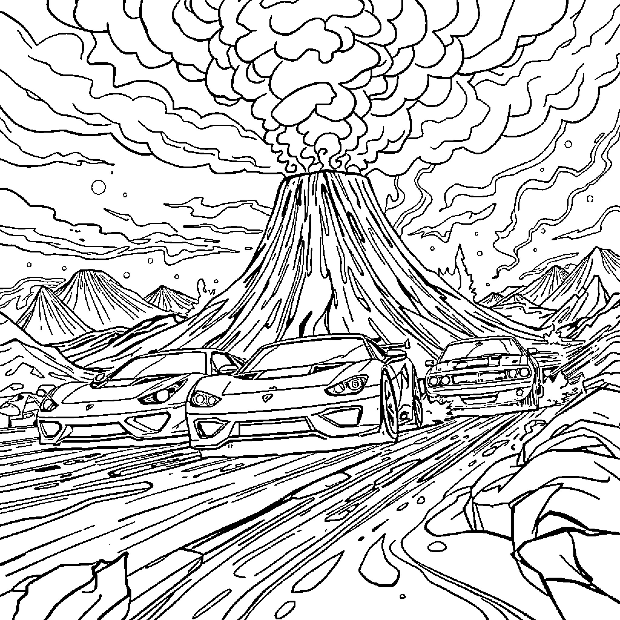 Car racing through volcanic eruption landscape Coloring Page (free black-and-white line drawing printable PDF for all, from beginners to advanced learners, including children, teens, adults, and seniors)