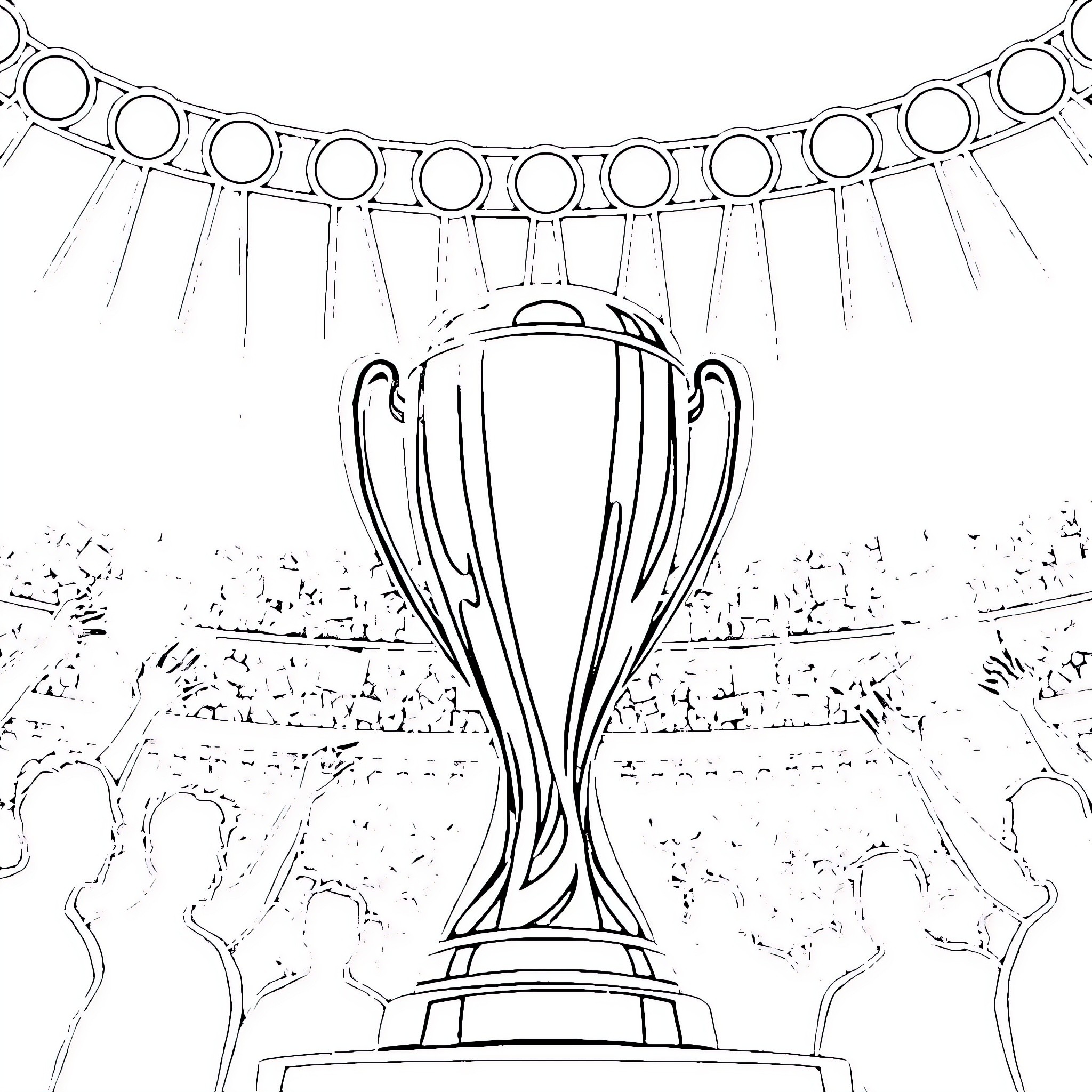 Trophy of Championship Victory in Stadium Coloring Page (free black-and-white line drawing printable PDF for all, from beginners to advanced learners, including children, teens, adults, and seniors)