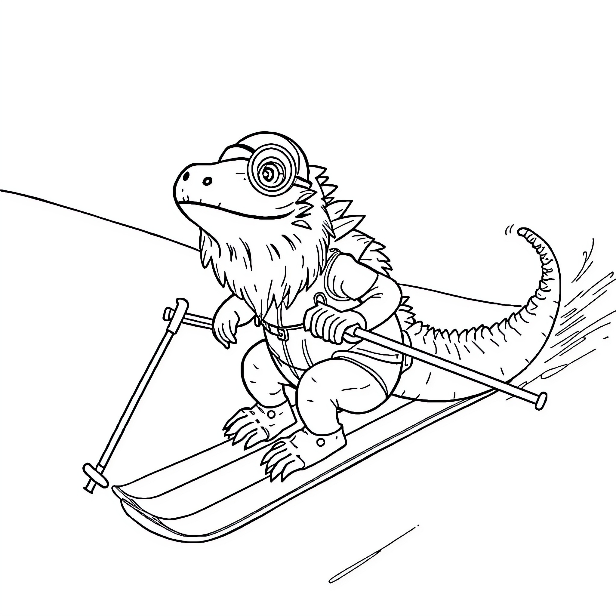Bearded Dragon skiing down the slopes Coloring Page (free black-and-white line drawing printable PDF for all, from beginners to advanced learners, including children, teens, adults, and seniors)