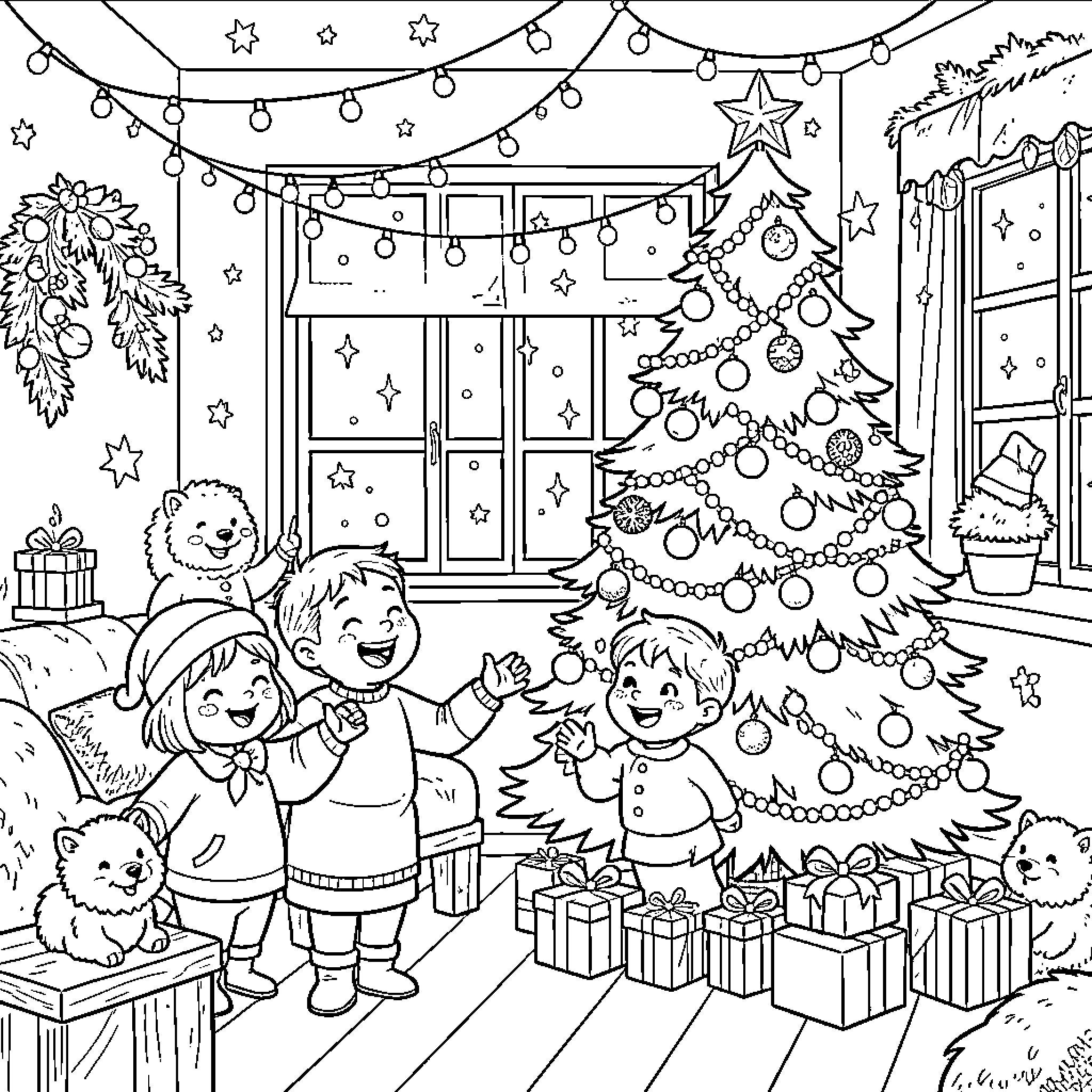Christmas family celebration around decorated tree Coloring Page (free black-and-white line drawing printable PDF for all, from beginners to advanced learners, including children, teens, adults, and seniors)