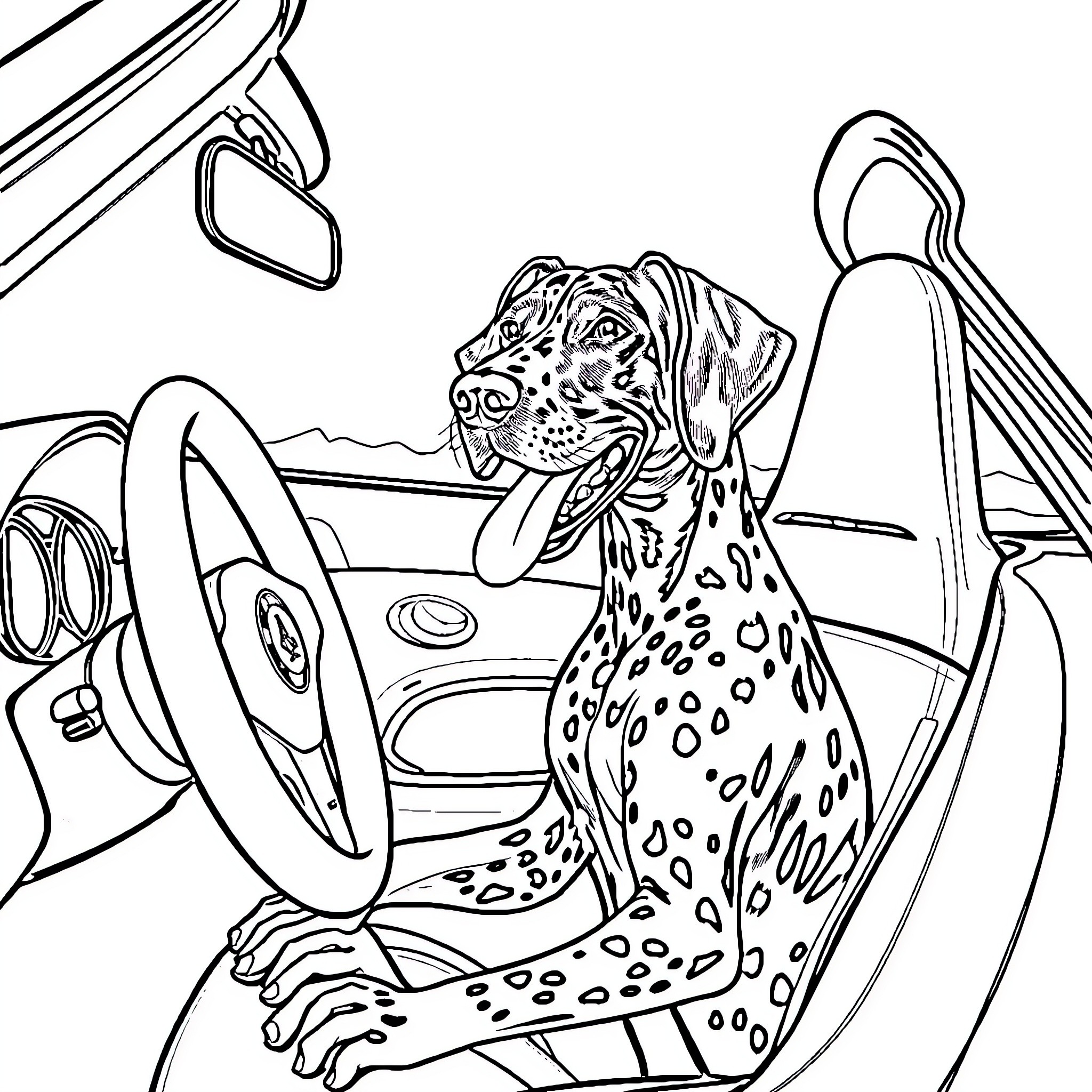 German Shorthaired Pointer enjoying a car ride Coloring Page (free black-and-white line drawing printable PDF for all, from beginners to advanced learners, including children, teens, adults, and seniors)