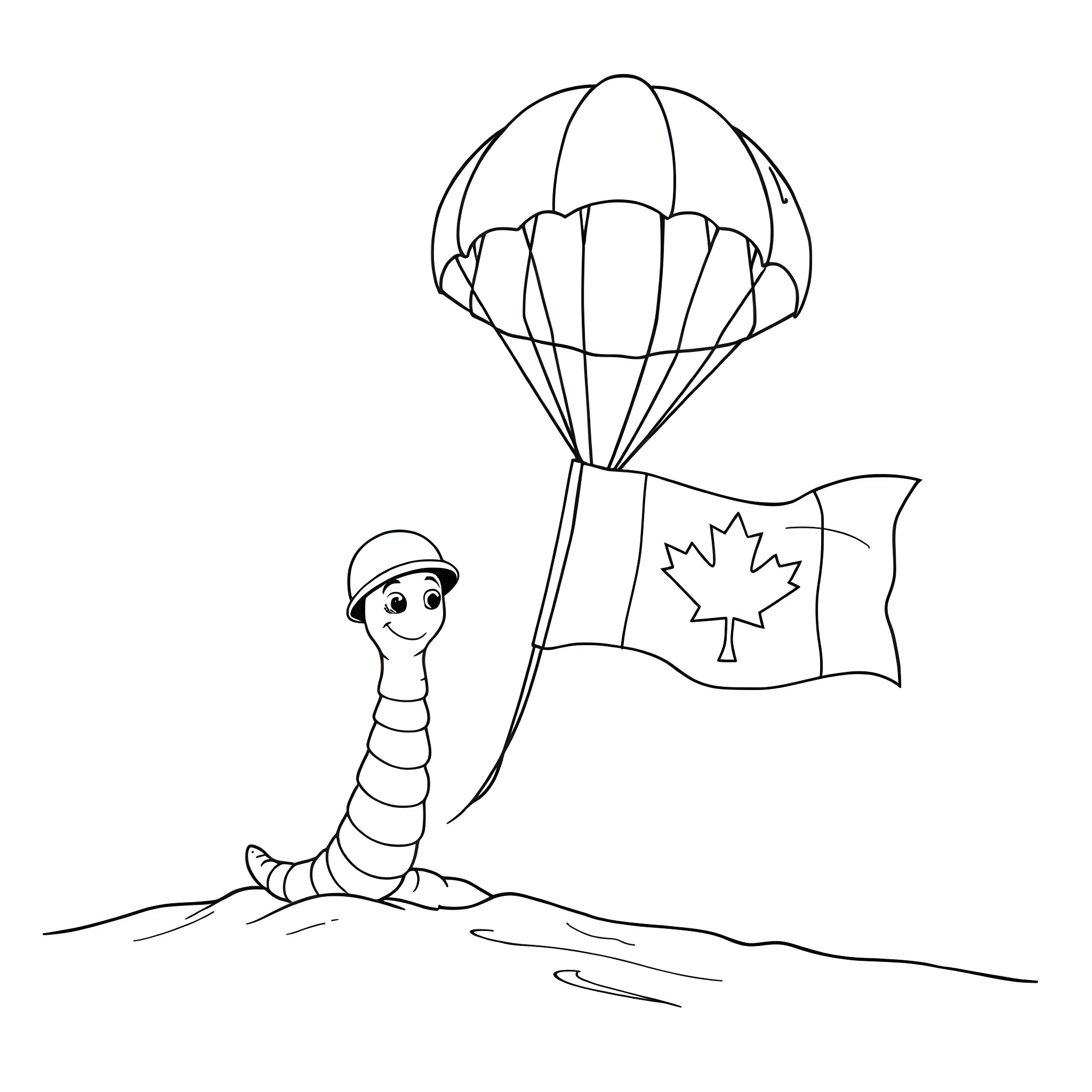 Worm parachuting with Canadian flag Coloring Page (free black-and-white line drawing printable PDF for all, from beginners to advanced learners, including children, teens, adults, and seniors)