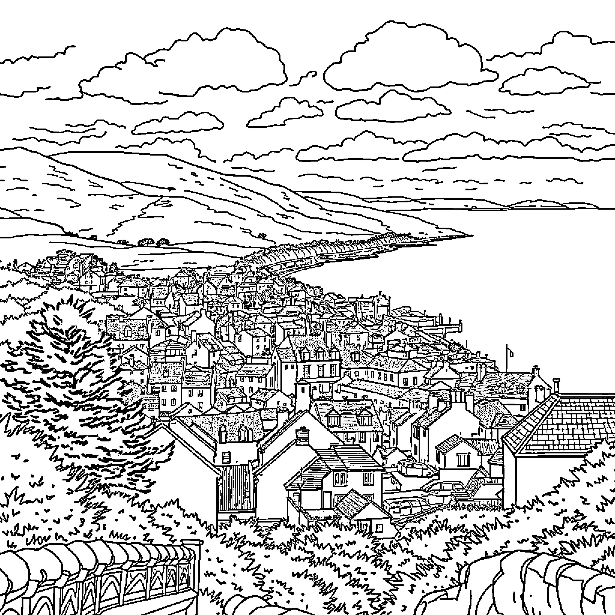 Bray Wicklow scenic coastal town with houses and clouds Coloring Page (free black-and-white line drawing printable PDF for all, from beginners to advanced learners, including children, teens, adults, and seniors)