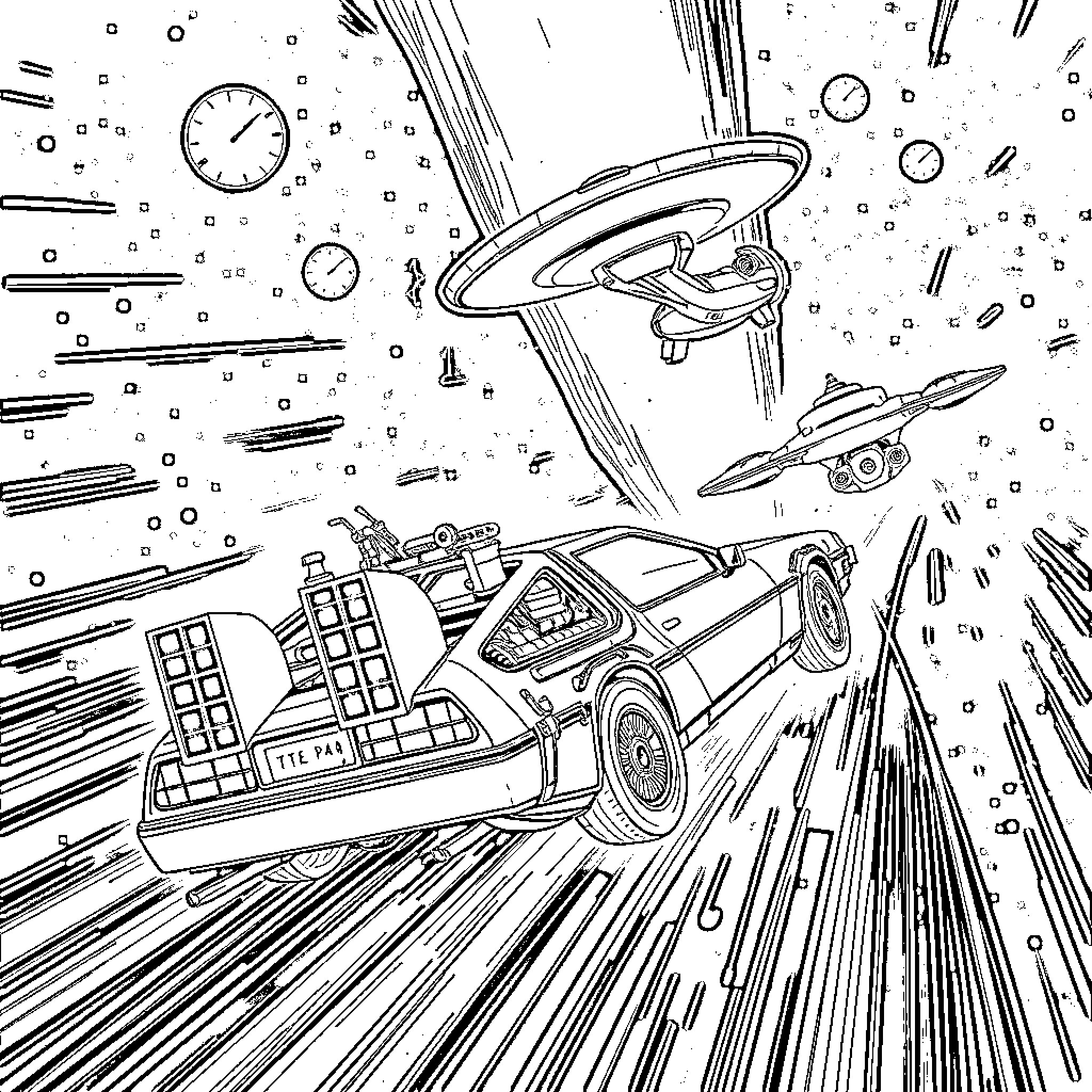 DeLorean time machine speeding through space and time Coloring Page (free black-and-white line drawing printable PDF for all, from beginners to advanced learners, including children, teens, adults, and seniors)