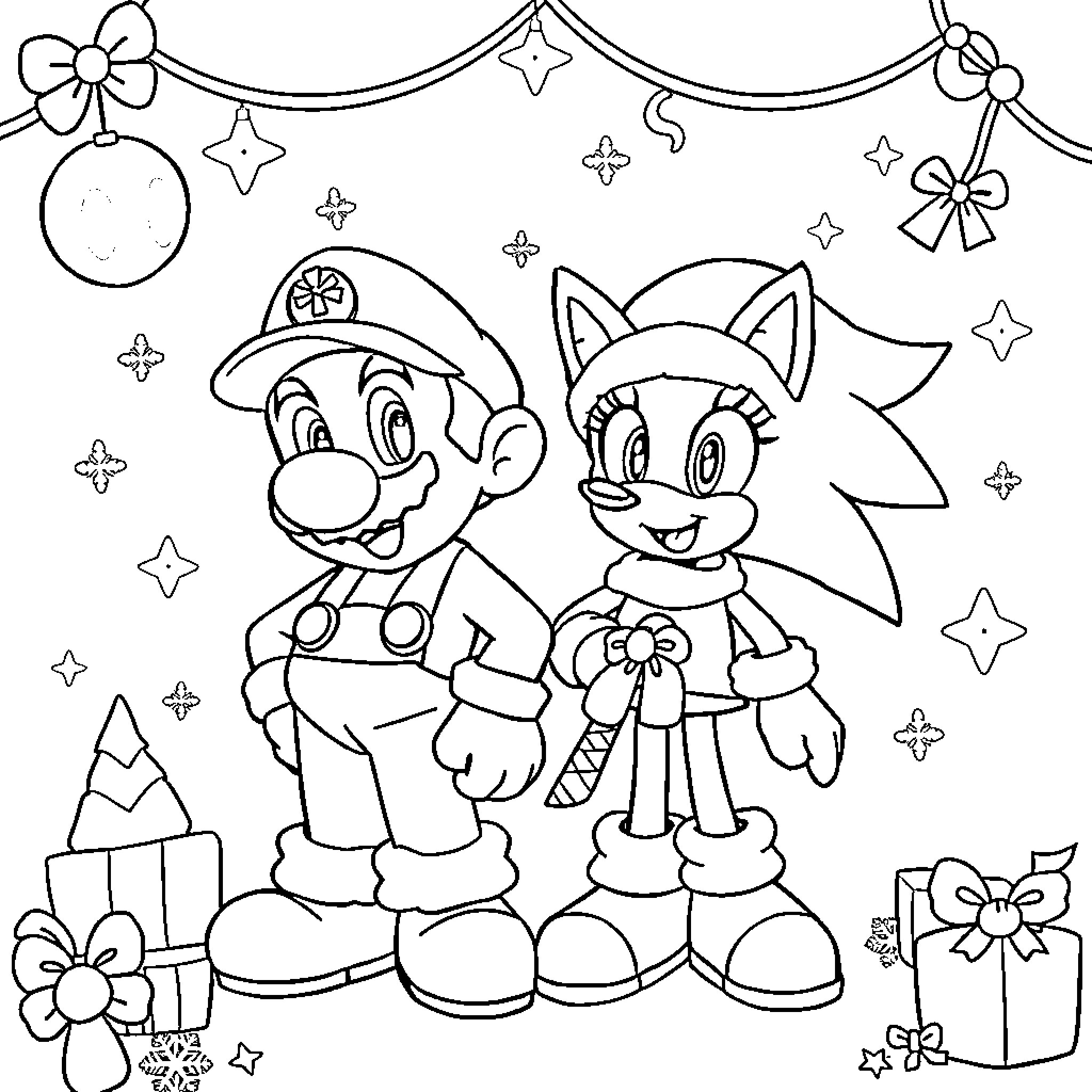 Mario and Sonic celebrating the holidays Coloring Page (free black-and-white line drawing printable PDF for all, from beginners to advanced learners, including children, teens, adults, and seniors)