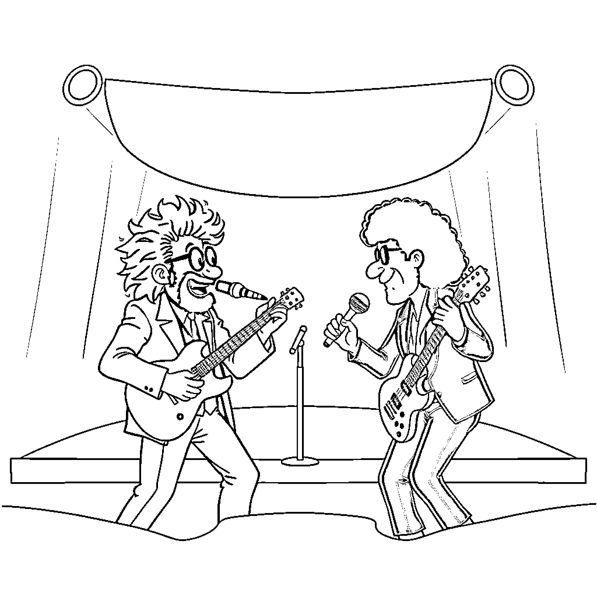 Weird Al's Wacky Rock Concert Performance Coloring Page (free black-and-white line drawing printable PDF for all, from beginners to advanced learners, including children, teens, adults, and seniors)