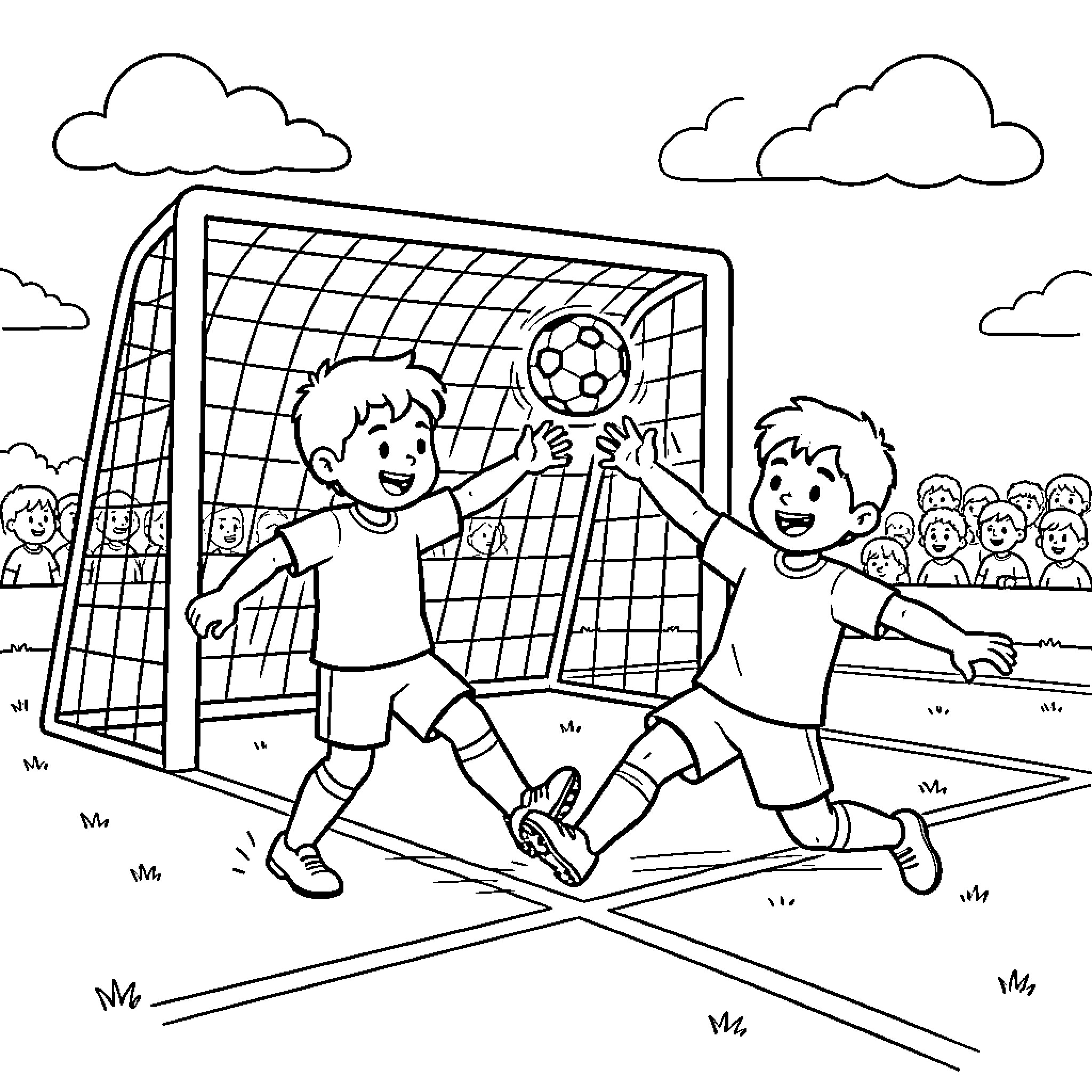 Soccer players competing for the ball near the goal Coloring Page (free black-and-white line drawing printable PDF for all, from beginners to advanced learners, including children, teens, adults, and seniors)