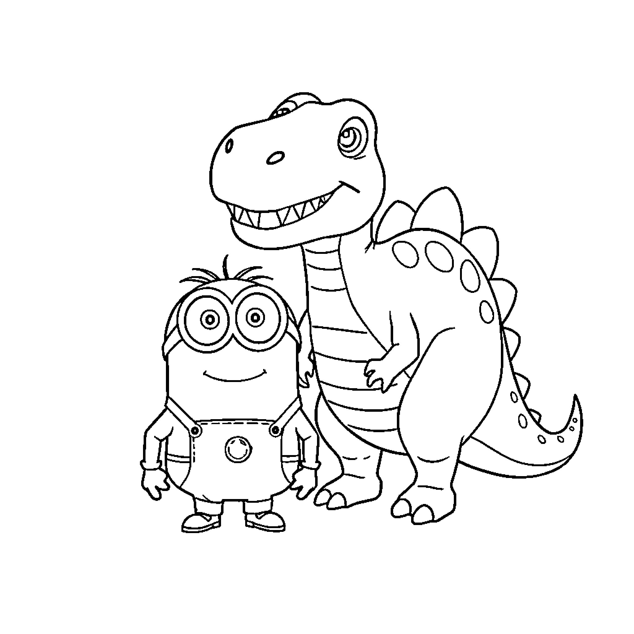 Minion and Dinosaur Friends in Playful Adventure Coloring Page (free black-and-white line drawing printable PDF for all, from beginners to advanced learners, including children, teens, adults, and seniors)