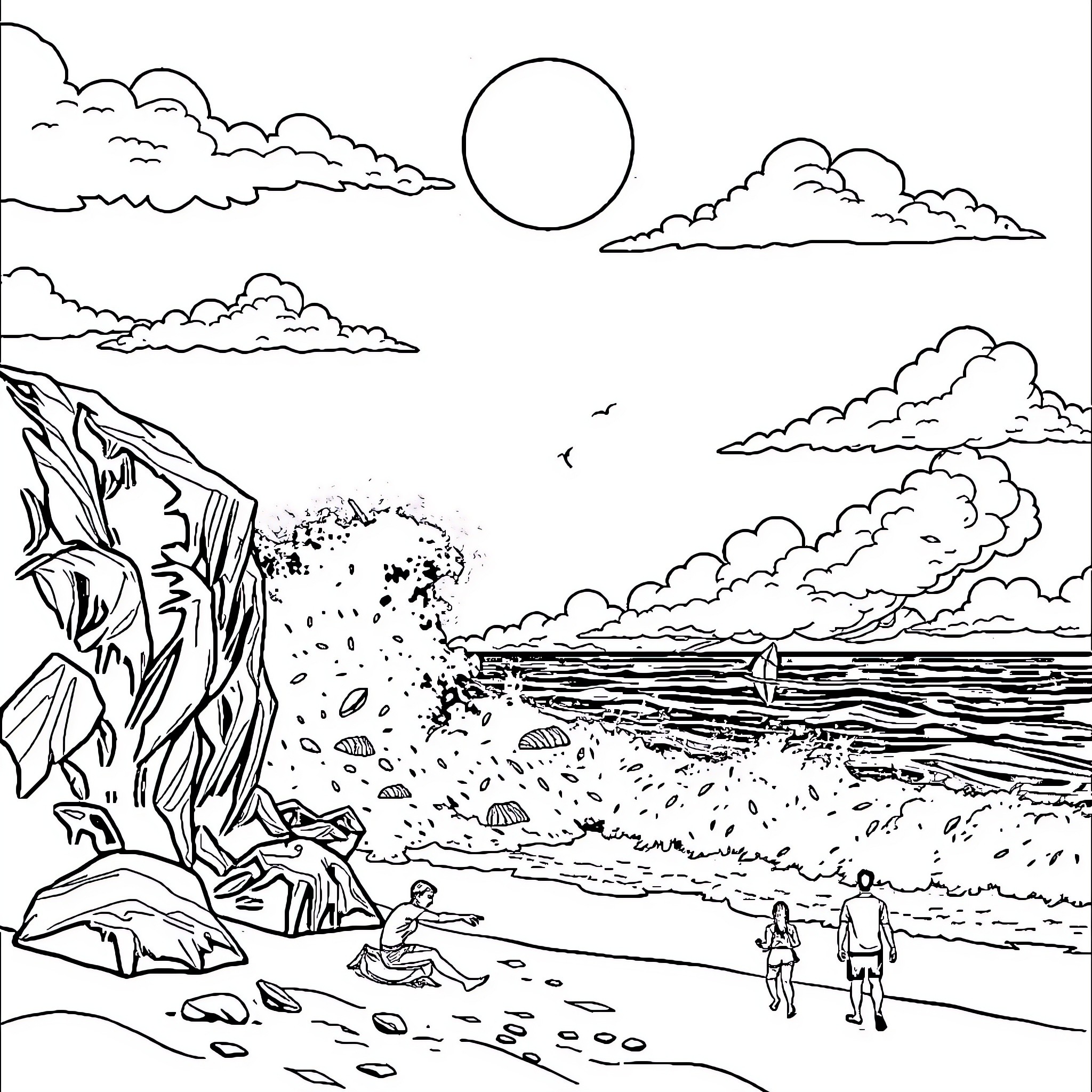Brr Brr Patapim Scenic Coastline with Cloudy Skies Coloring Page (free black-and-white line drawing printable PDF for all, from beginners to advanced learners, including children, teens, adults, and seniors)