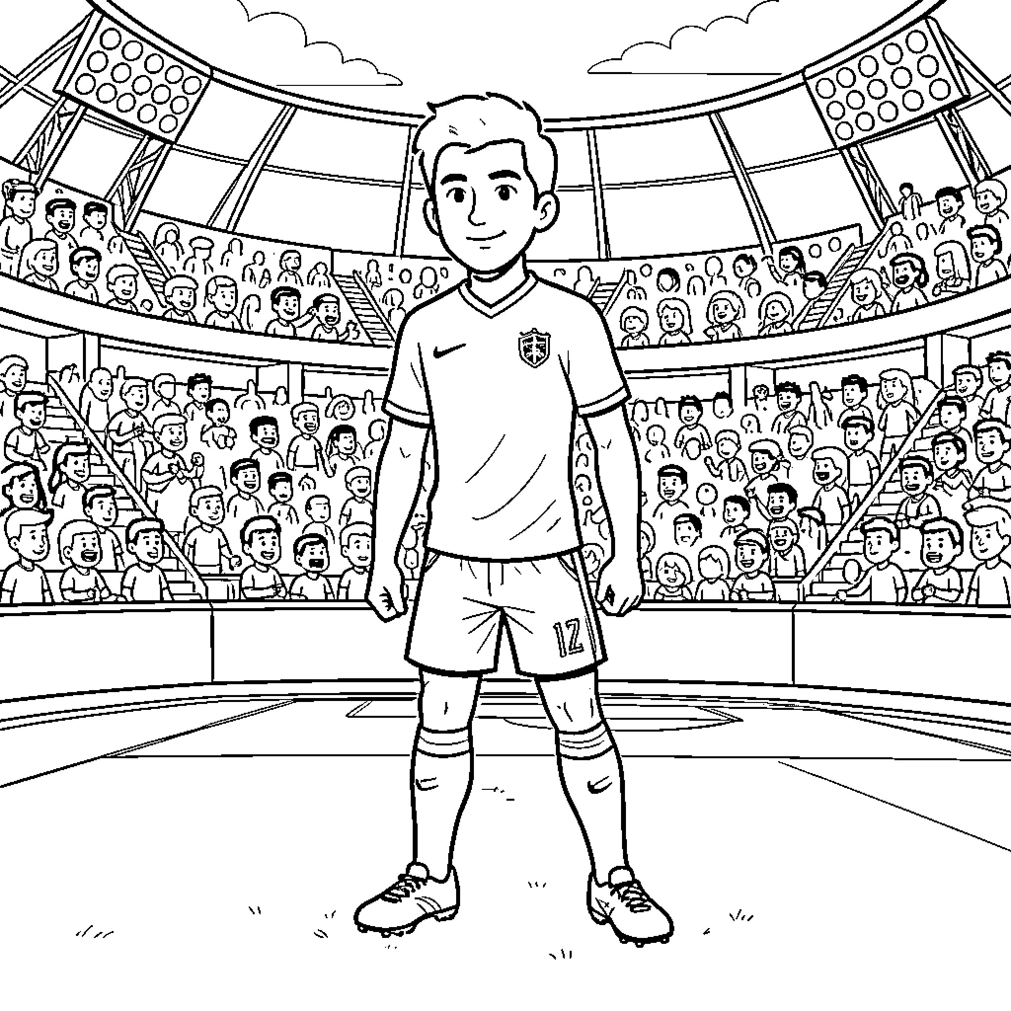 Lucho Díaz standing confidently in a crowded soccer stadium Coloring Page (free black-and-white line drawing printable PDF for all, from beginners to advanced learners, including children, teens, adults, and seniors)