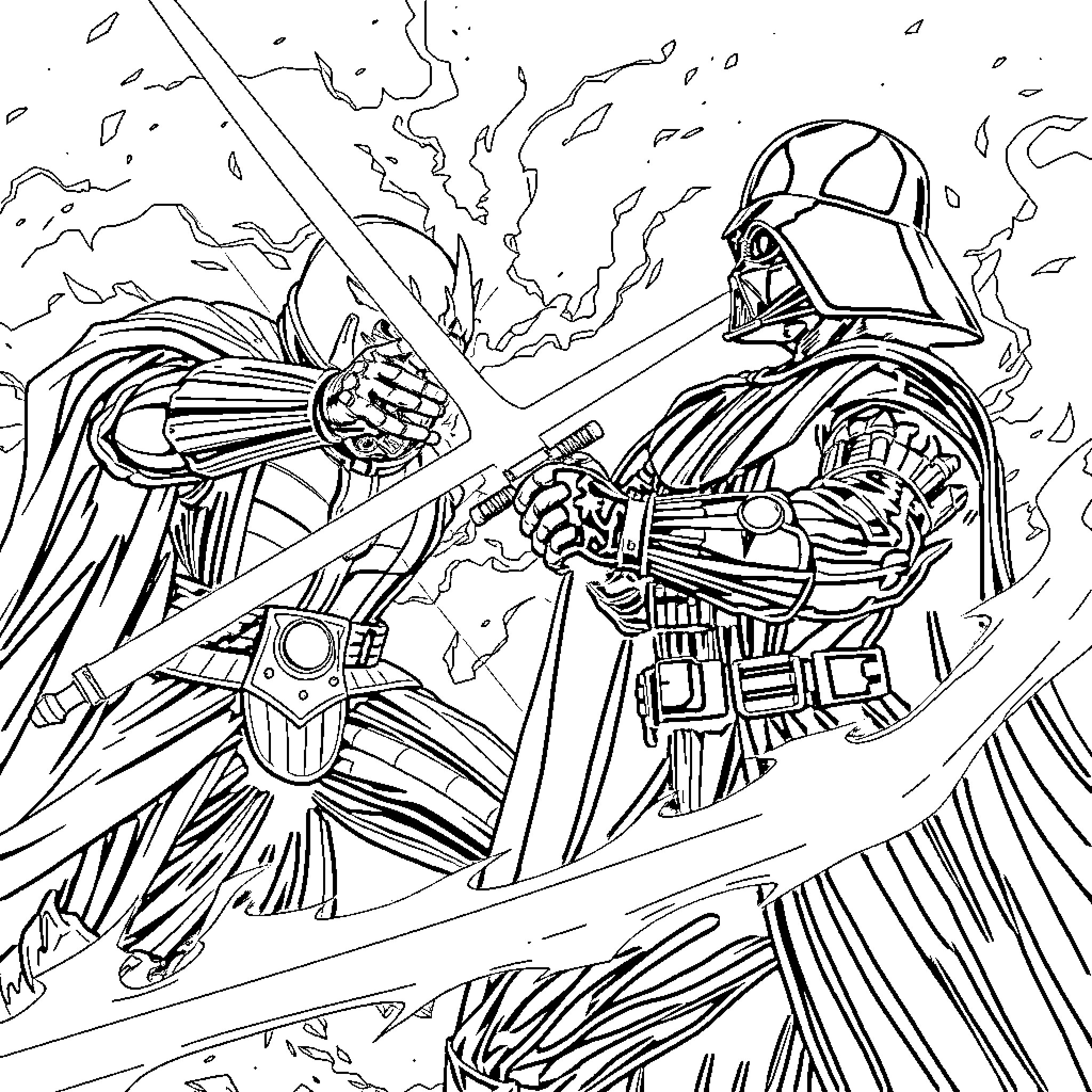 Doomslayer's Relentless Assault Against Darth Vader Coloring Page (free black-and-white line drawing printable PDF for all, from beginners to advanced learners, including children, teens, adults, and seniors)