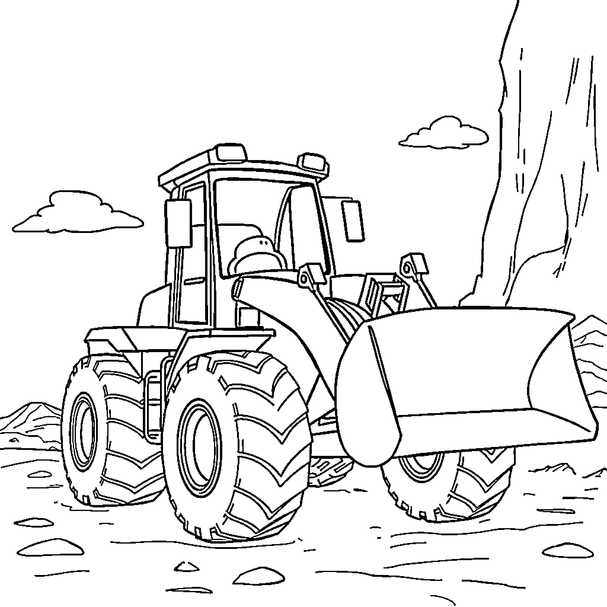 Jack's Mighty Tractor Navigates the Rugged Terrain Coloring Page (free black-and-white line drawing printable PDF for all, from beginners to advanced learners, including children, teens, adults, and seniors)