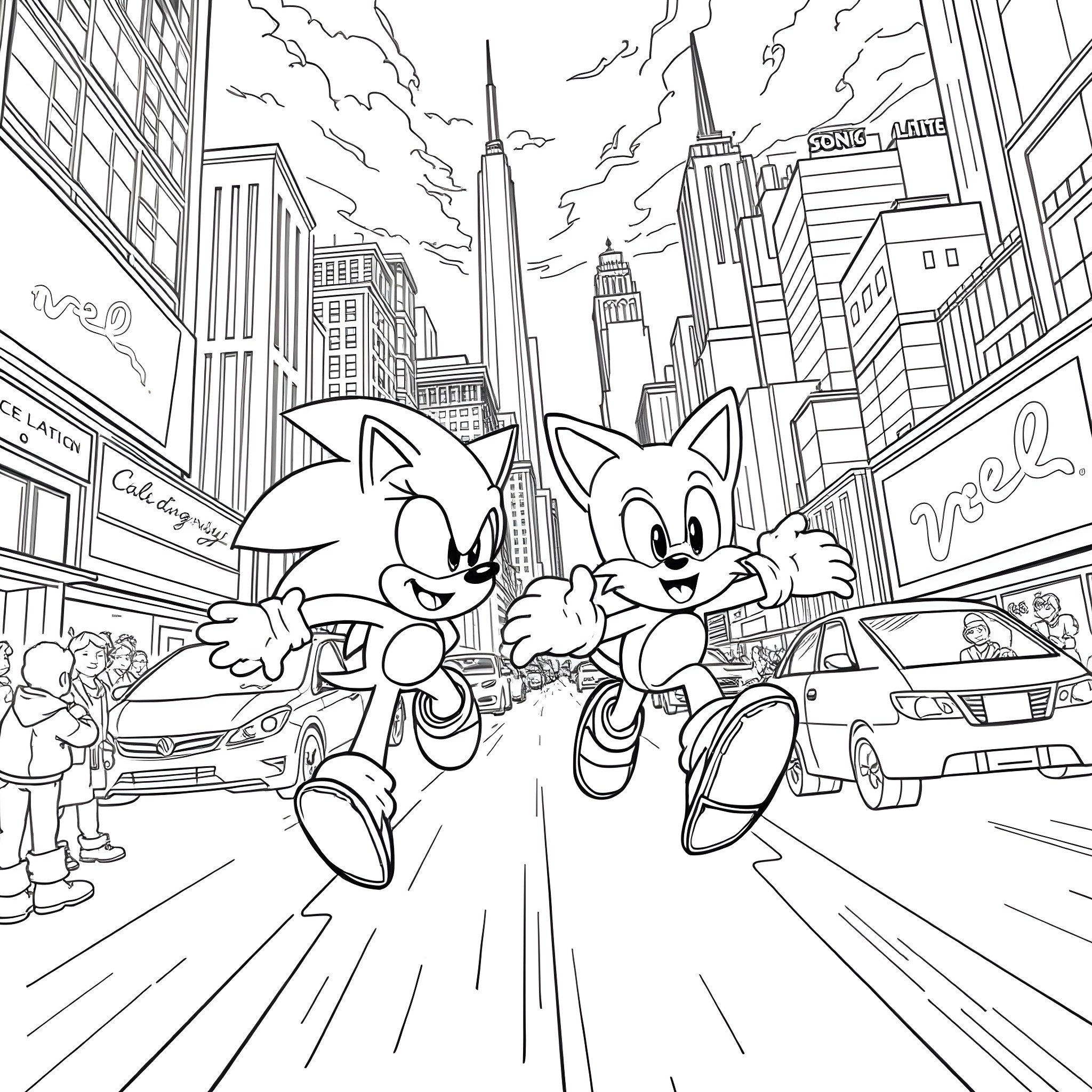 Sonic and Tails dashing through the bustling city Coloring Page (free black-and-white line drawing printable PDF for all, from beginners to advanced learners, including children, teens, adults, and seniors)