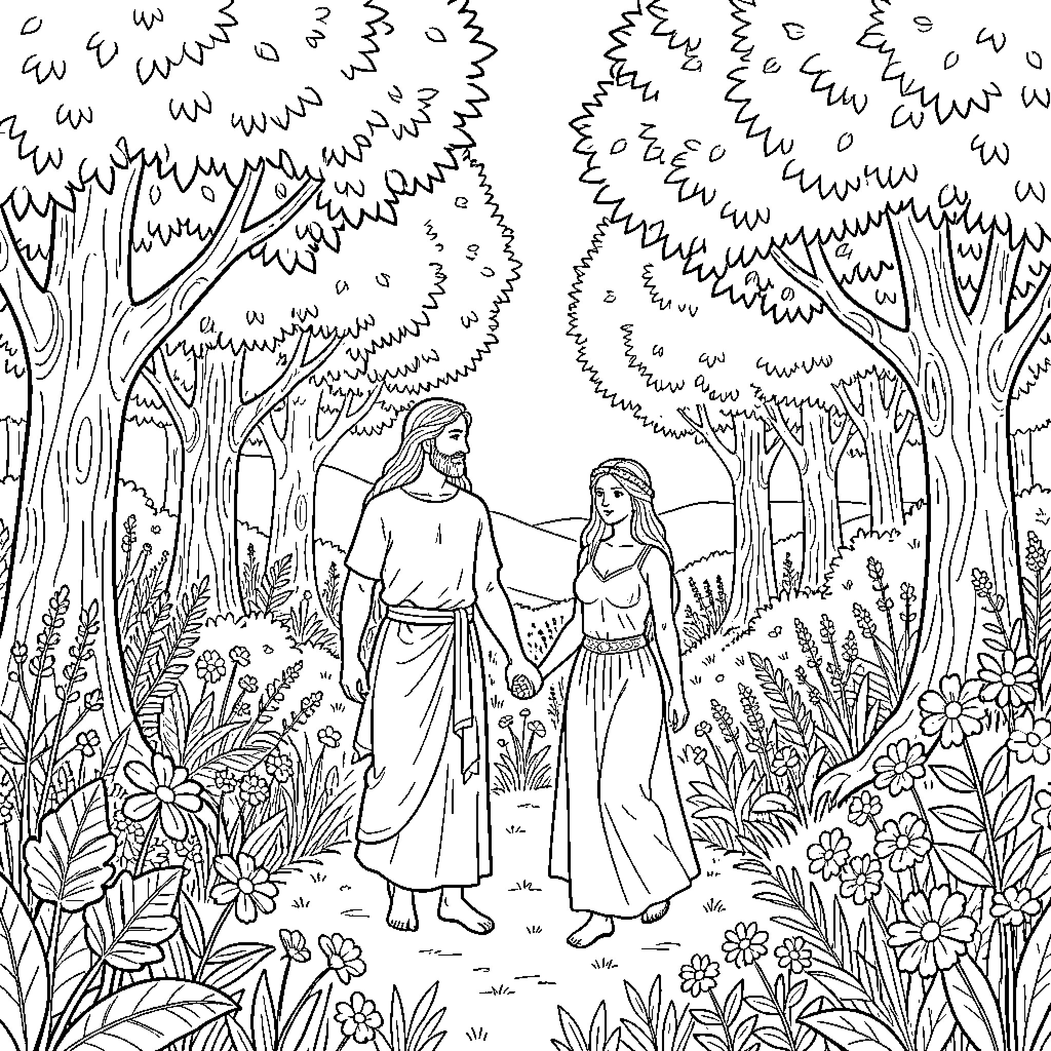 Garden of Eden with a man and woman walking hand in hand Coloring Page (free black-and-white line drawing printable PDF for all, from beginners to advanced learners, including children, teens, adults, and seniors)