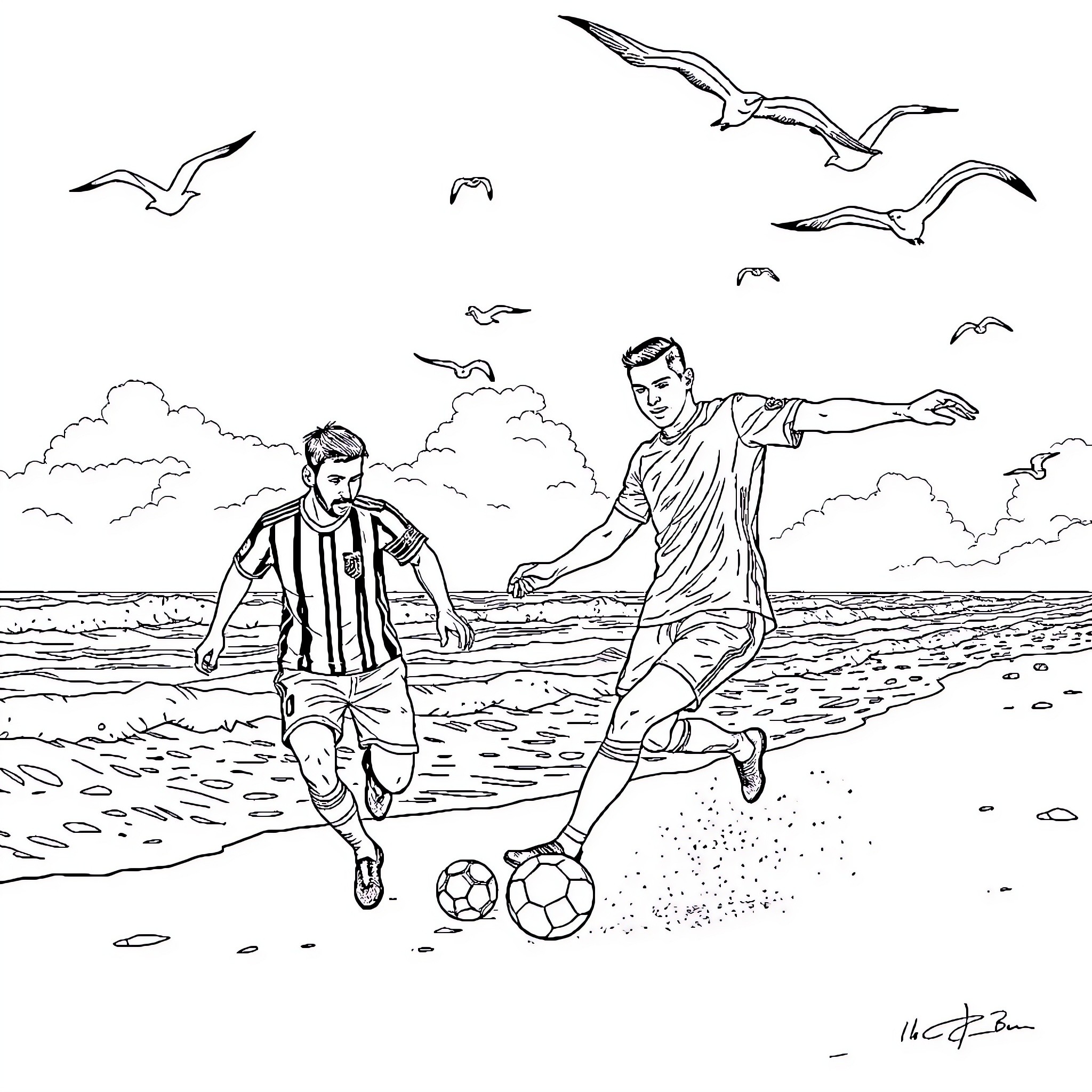 Messi and teammates playing soccer on the beach Coloring Page (free black-and-white line drawing printable PDF for all, from beginners to advanced learners, including children, teens, adults, and seniors)
