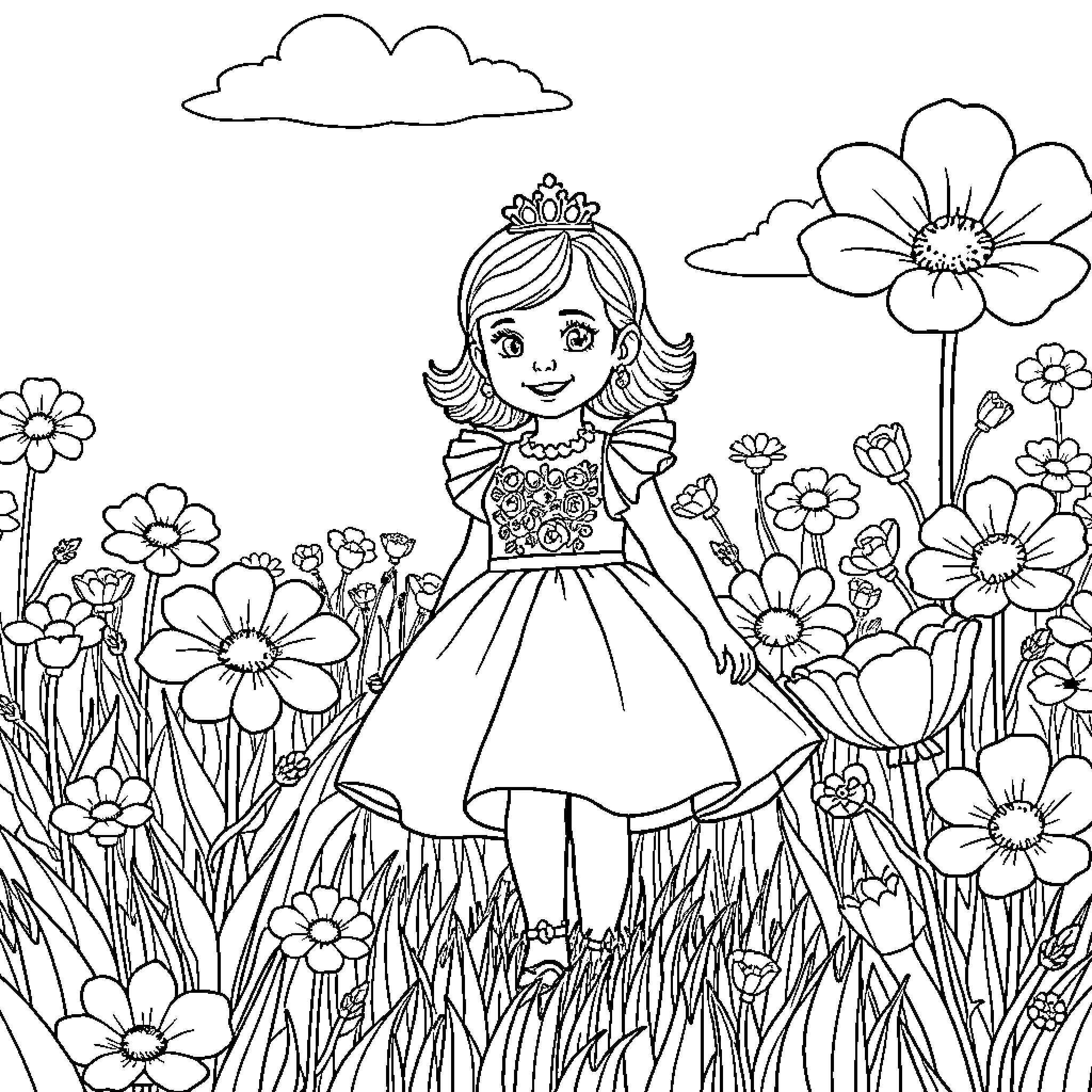 Girl in a flower garden Coloring Page (free black-and-white line drawing printable PDF for all, from beginners to advanced learners, including children, teens, adults, and seniors)