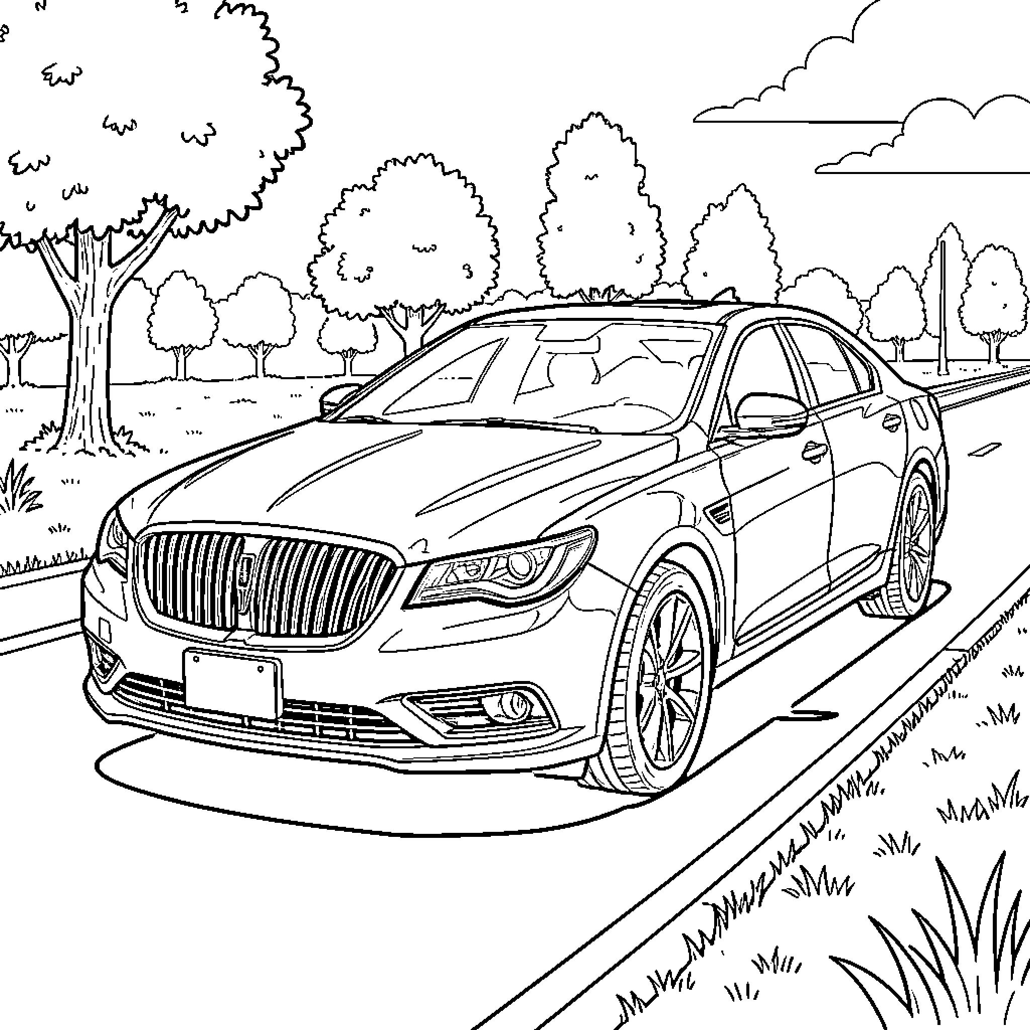 Lincoln luxury sedan driving on a scenic road Coloring Page (free black-and-white line drawing printable PDF for all, from beginners to advanced learners, including children, teens, adults, and seniors)