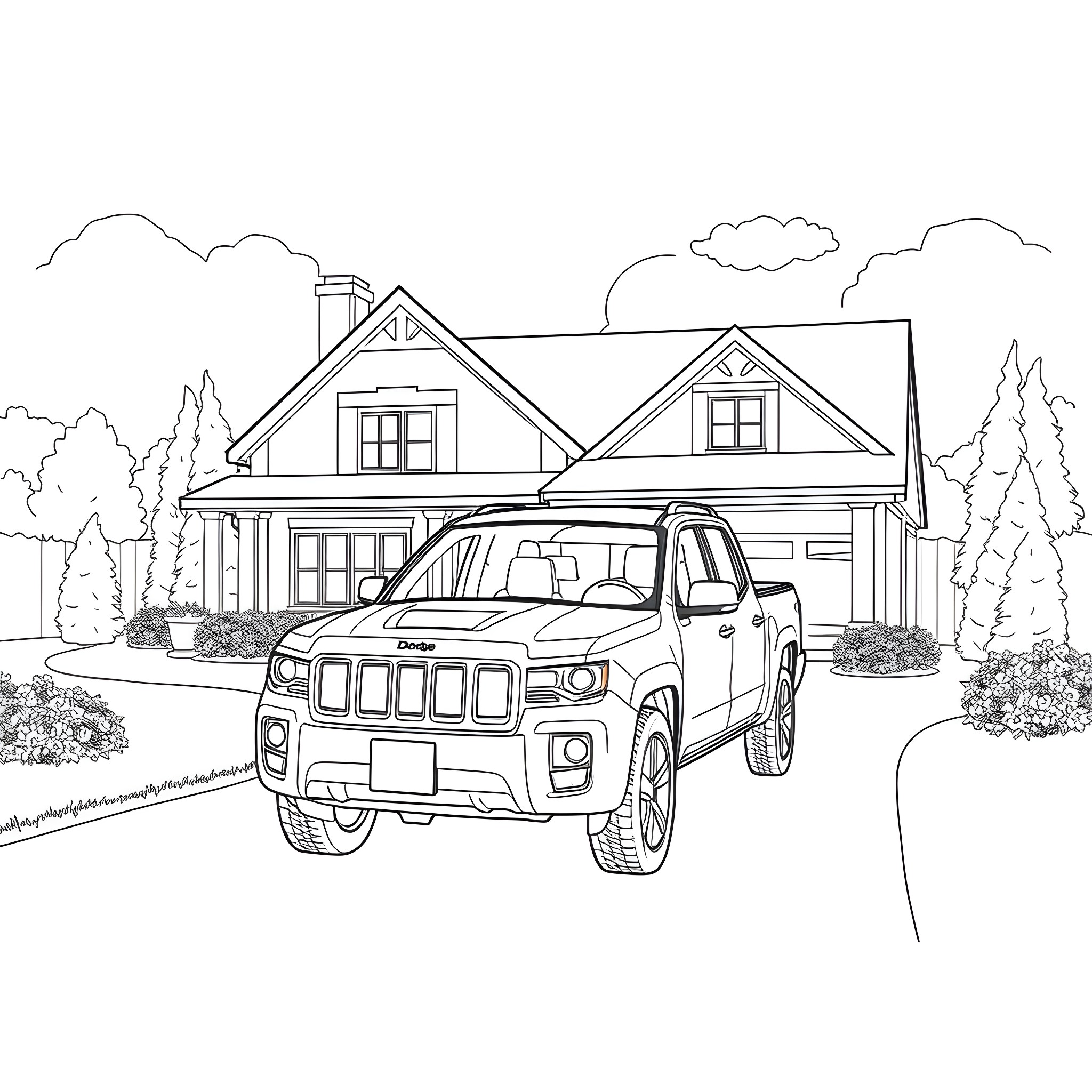 Dodge Dakota parked in front of suburban home Coloring Page (free black-and-white line drawing printable PDF for all, from beginners to advanced learners, including children, teens, adults, and seniors)