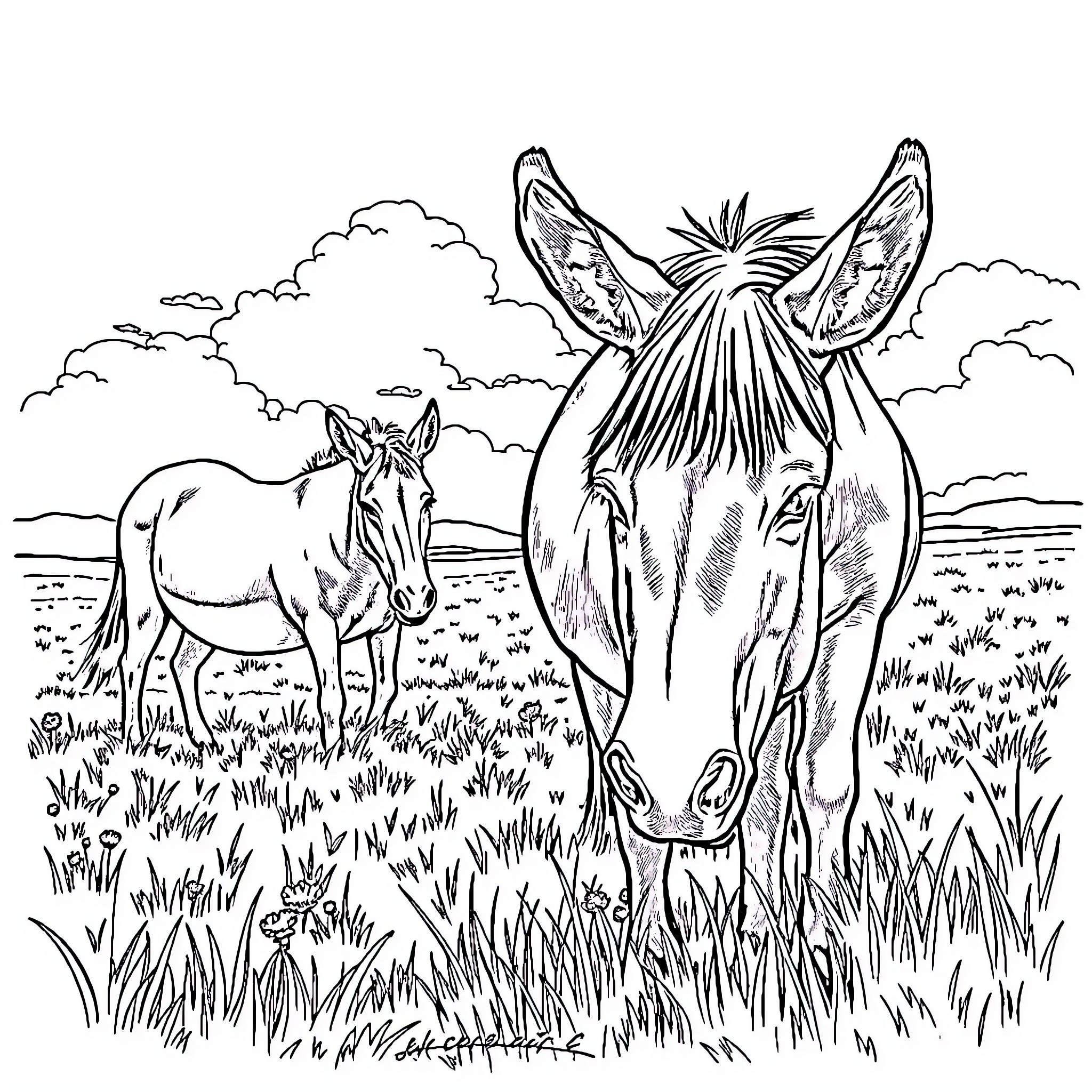 Donkey pair grazing peacefully in the meadow Coloring Page (free black-and-white line drawing printable PDF for all, from beginners to advanced learners, including children, teens, adults, and seniors)