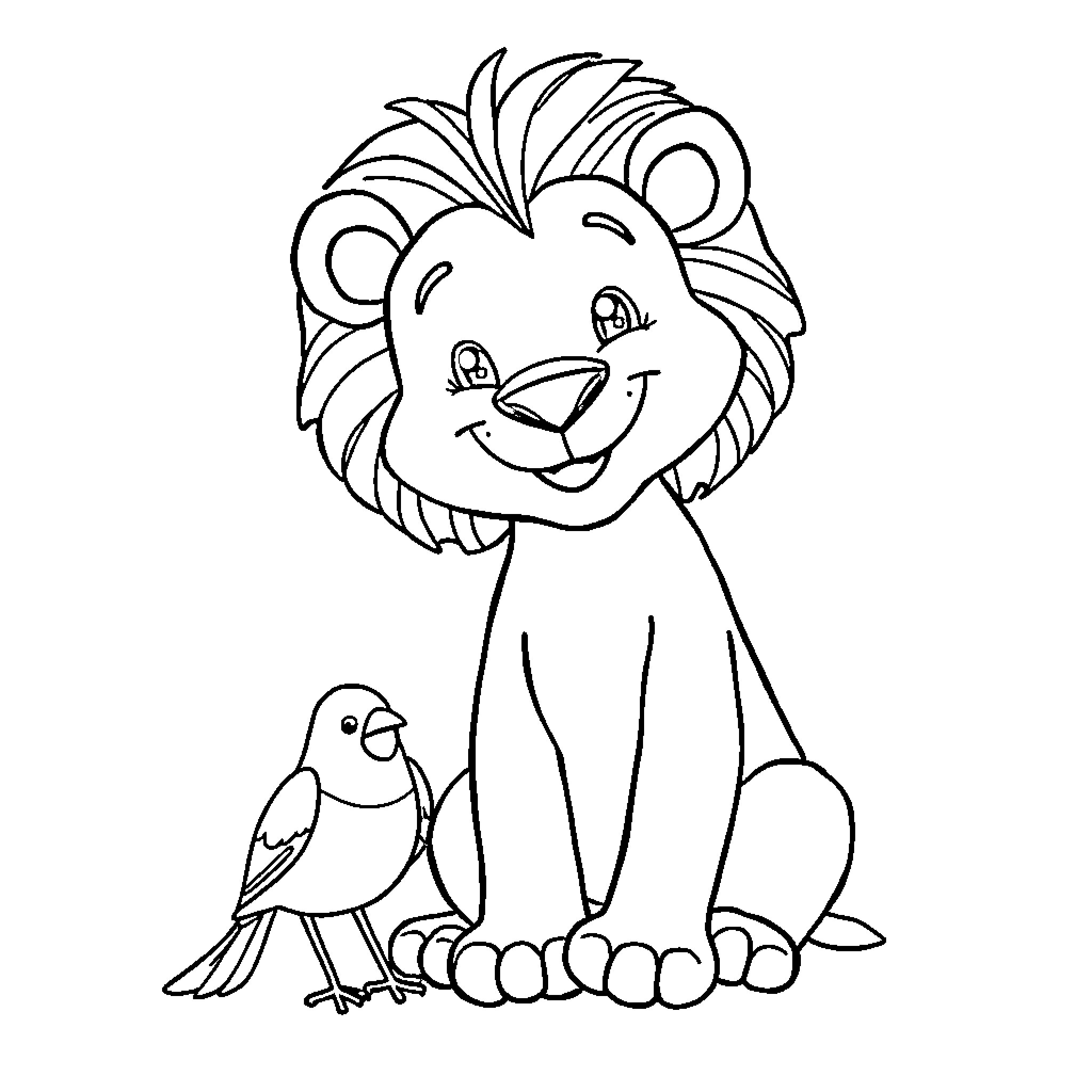 Lion smiling with a bird friend Coloring Page (free black-and-white line drawing printable PDF for all, from beginners to advanced learners, including children, teens, adults, and seniors)