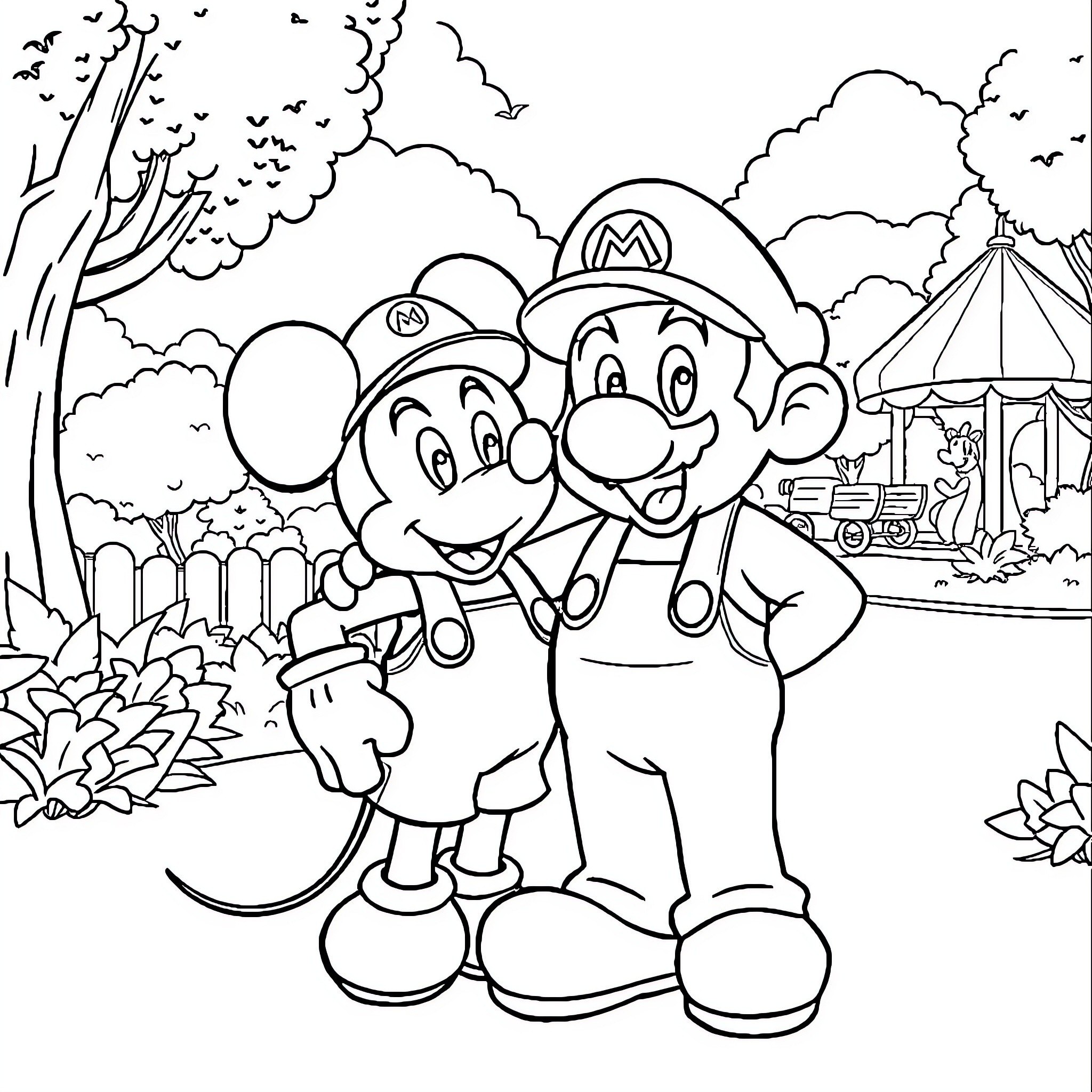 Mario Brothers' Playful Adventure at the Carnival Coloring Page (free black-and-white line drawing printable PDF for all, from beginners to advanced learners, including children, teens, adults, and seniors)