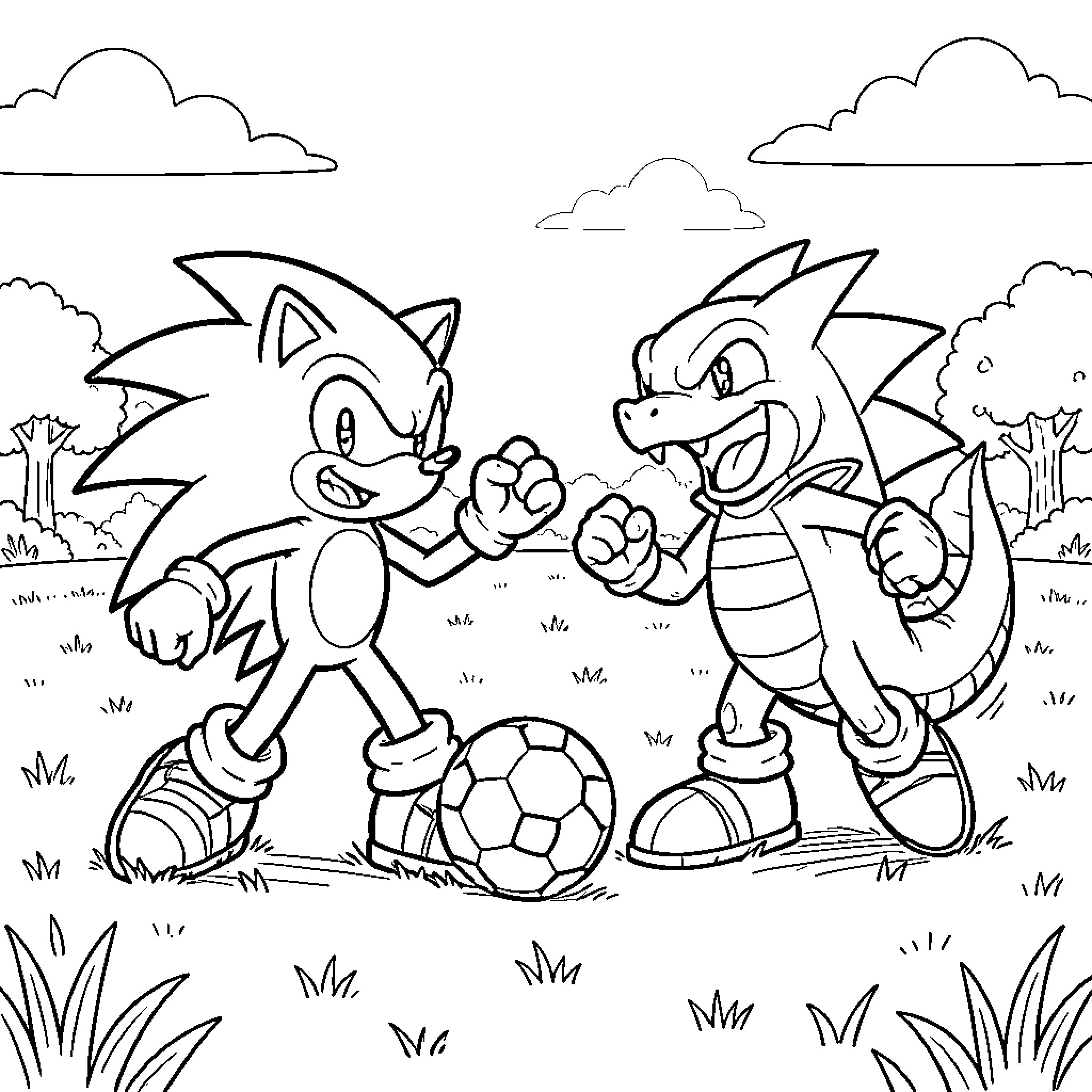Sonic playing soccer with a dragon in a field Coloring Page (free black-and-white line drawing printable PDF for all, from beginners to advanced learners, including children, teens, adults, and seniors)