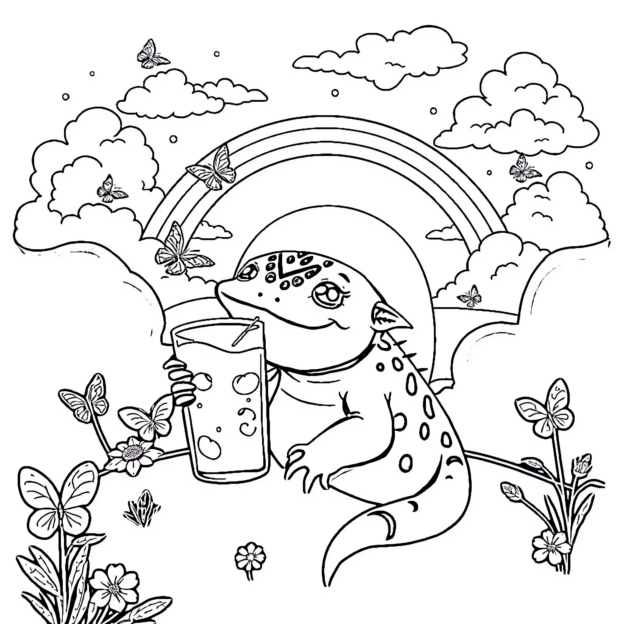 Axolotl exploring a whimsical nature scene Coloring Page (free black-and-white line drawing printable PDF for all, from beginners to advanced learners, including children, teens, adults, and seniors)