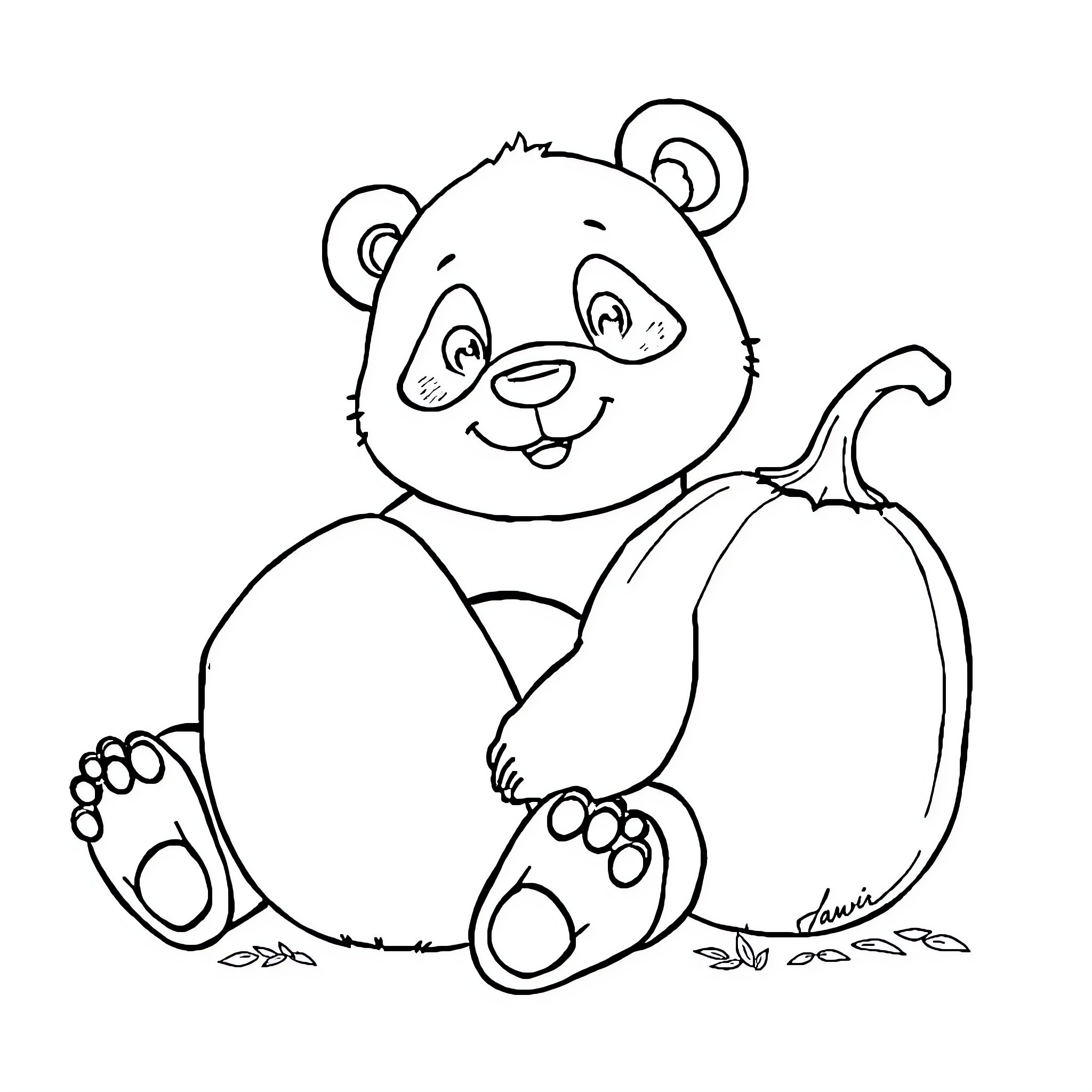 Panda holding a pumpkin Coloring Page (free black-and-white line drawing printable PDF for all, from beginners to advanced learners, including children, teens, adults, and seniors)