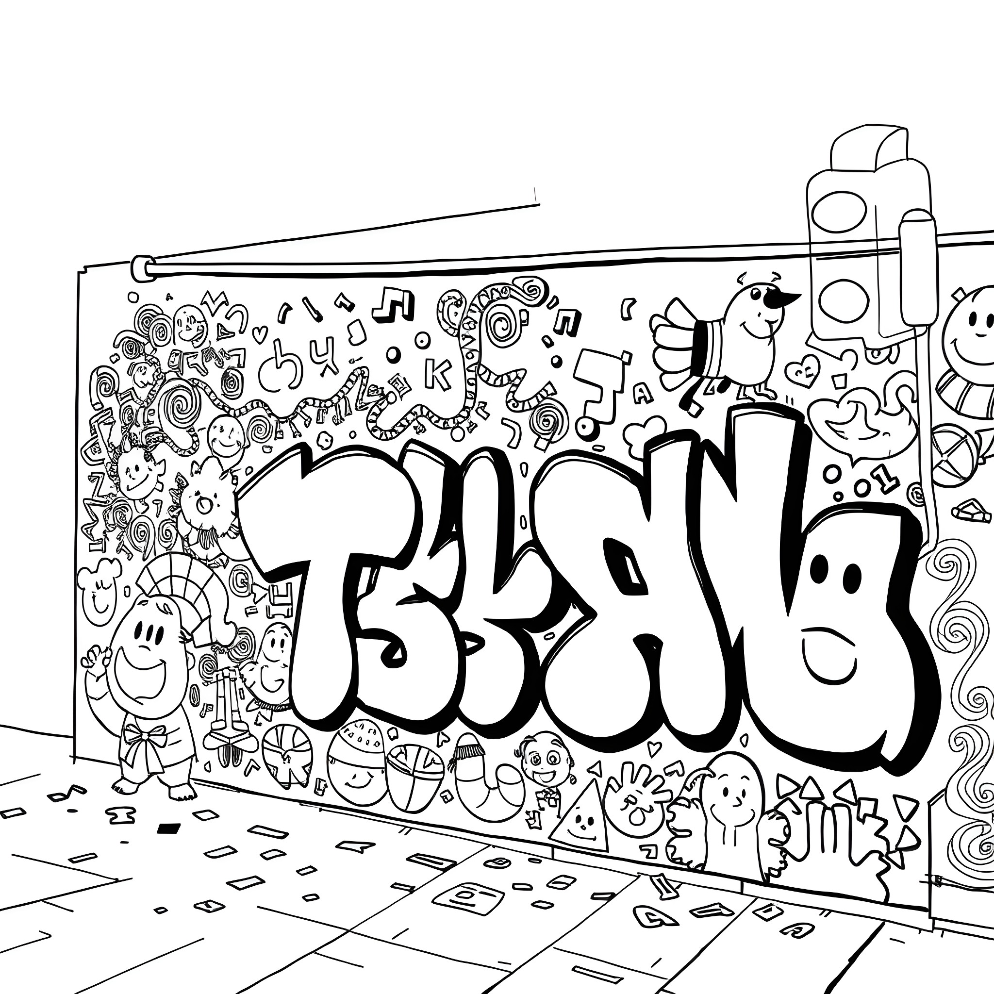 Graffiti with lively characters and patterns Coloring Page (free black-and-white line drawing printable PDF for all, from beginners to advanced learners, including children, teens, adults, and seniors)