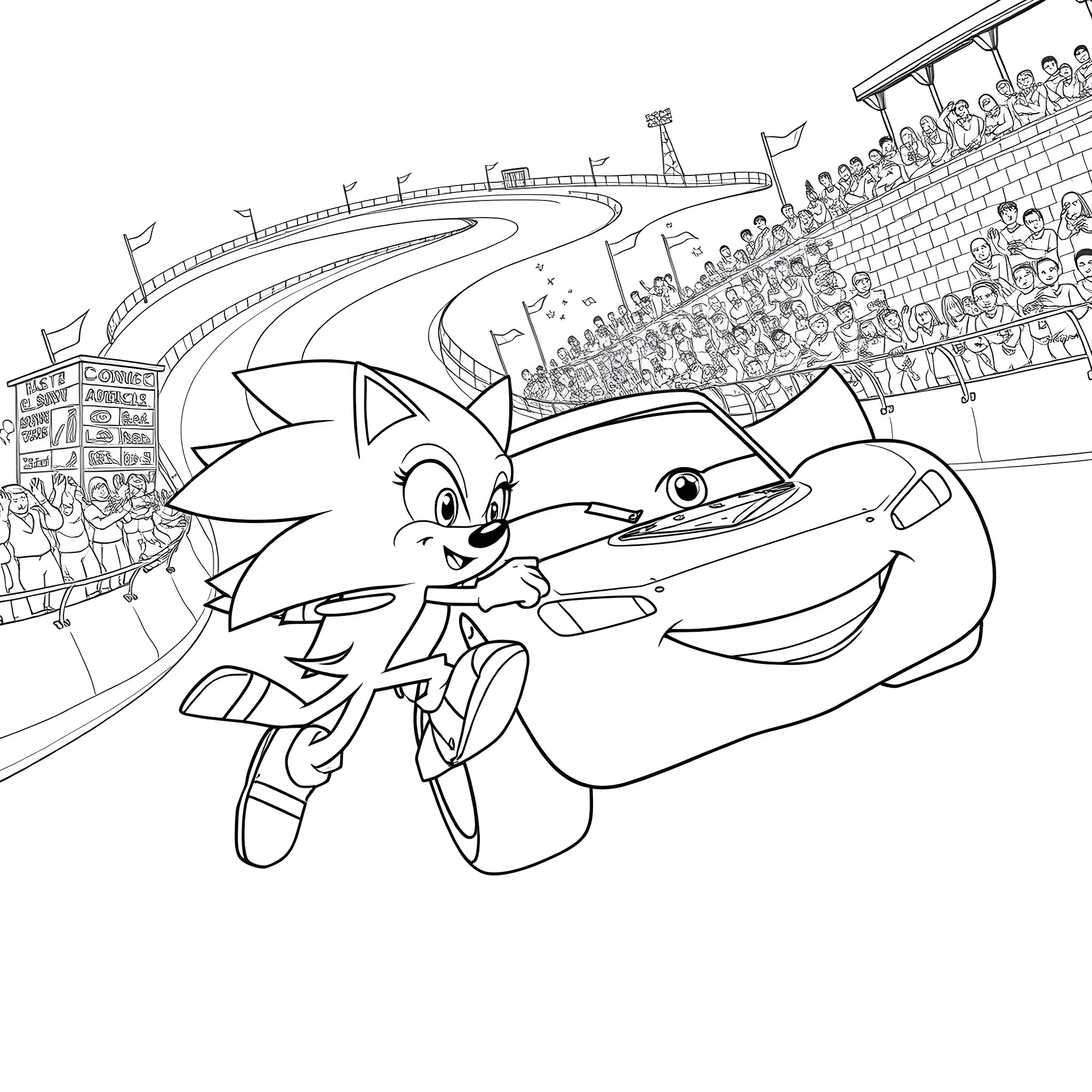 Sojic racecar characters in action-packed stadium scene Coloring Page (free black-and-white line drawing printable PDF for all, from beginners to advanced learners, including children, teens, adults, and seniors)
