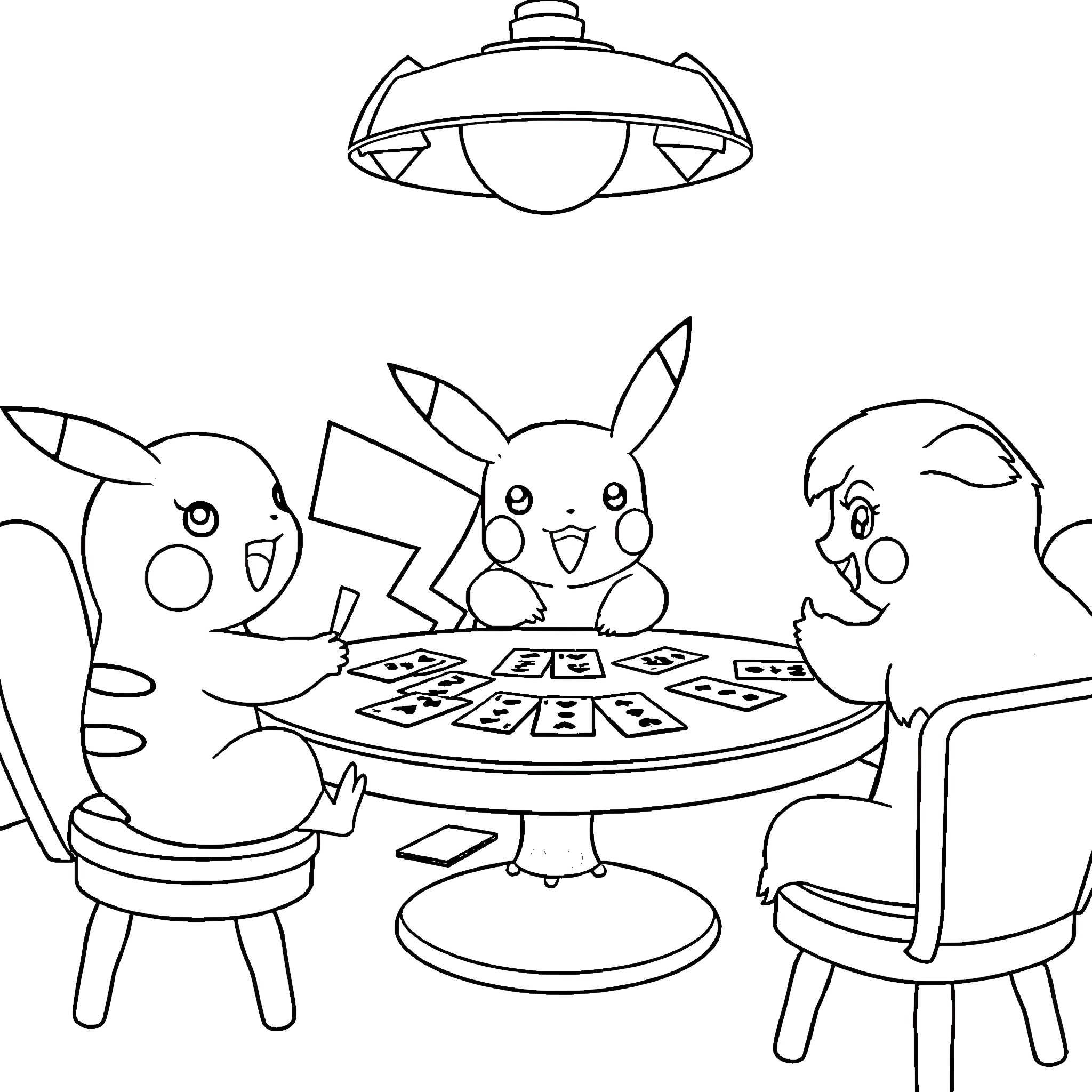 Pikachu and friends playing games together Coloring Page (free black-and-white line drawing printable PDF for all, from beginners to advanced learners, including children, teens, adults, and seniors)