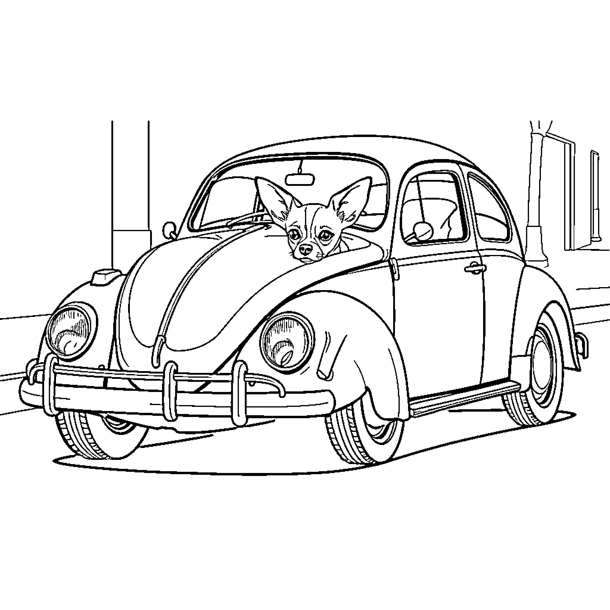 Beetle peering out of a classic car Coloring Page (free black-and-white line drawing printable PDF for all, from beginners to advanced learners, including children, teens, adults, and seniors)