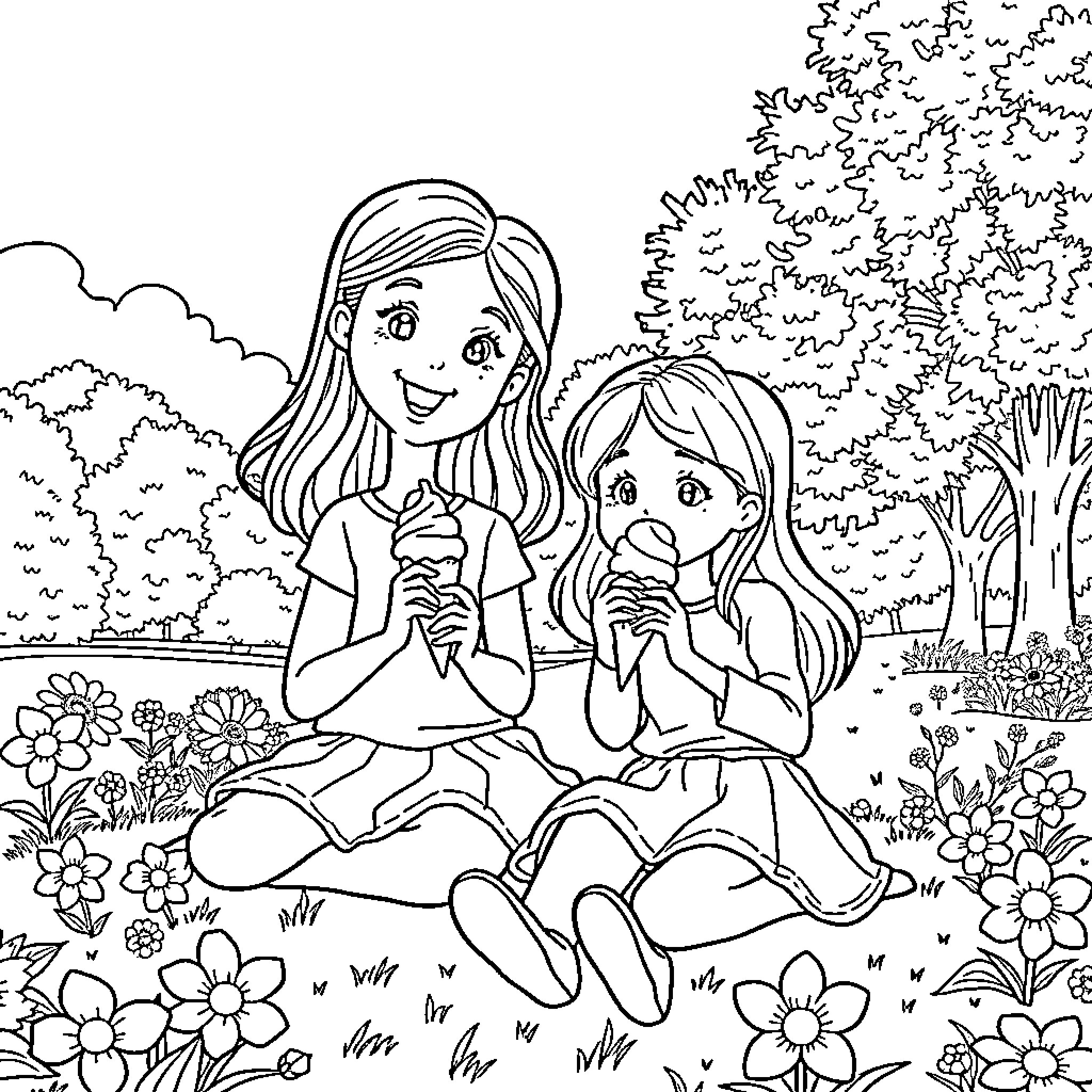 Girl Enjoying Outdoor Adventure with Friend Coloring Page (free black-and-white line drawing printable PDF for all, from beginners to advanced learners, including children, teens, adults, and seniors)