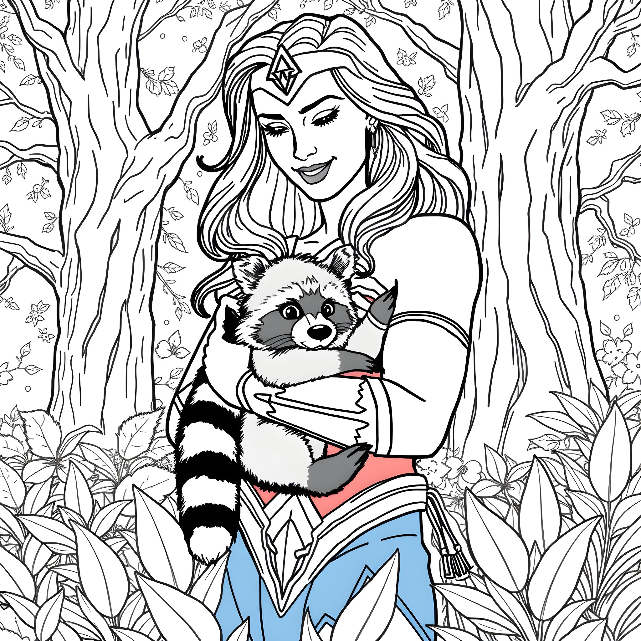 Wonder Woman embraces a friendly raccoon in the forest Coloring Page (free black-and-white line drawing printable PDF for all, from beginners to advanced learners, including children, teens, adults, and seniors)