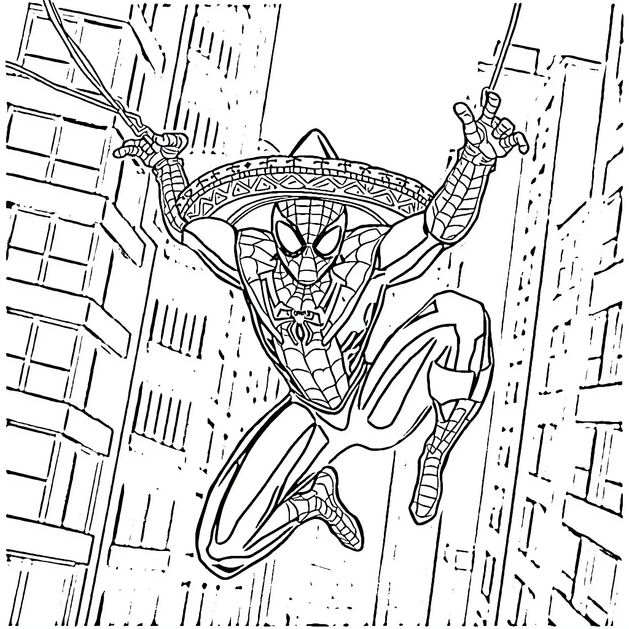 Spider-Man swinging through the city in action pose Coloring Page (free black-and-white line drawing printable PDF for all, from beginners to advanced learners, including children, teens, adults, and seniors)