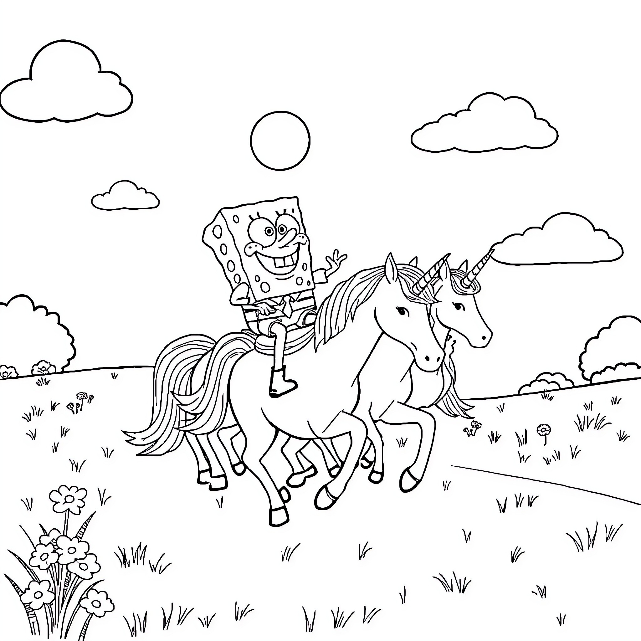 Bluey's Whimsical Ride on a Friendly Unicorn Coloring Page (free black-and-white line drawing printable PDF for all, from beginners to advanced learners, including children, teens, adults, and seniors)