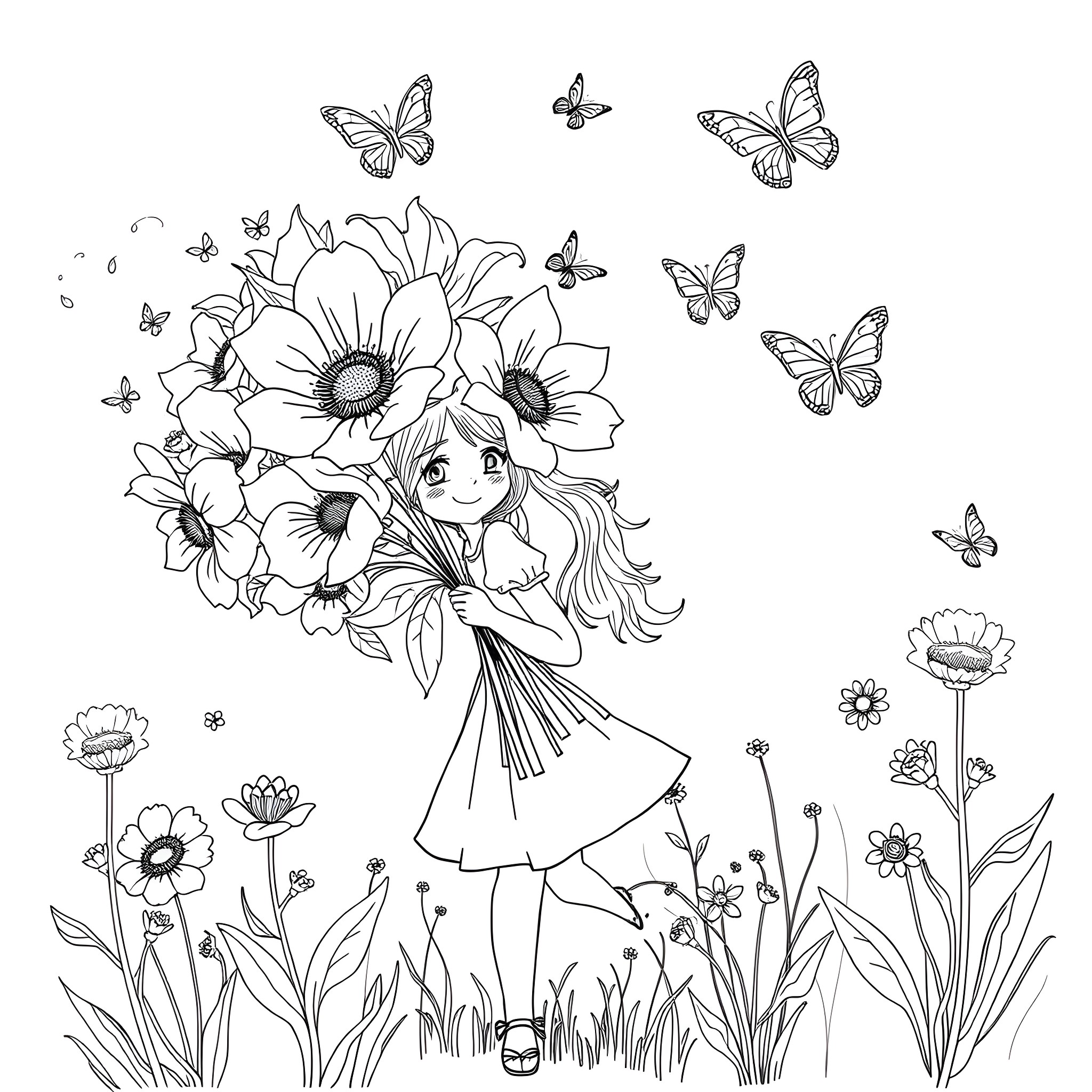 Girl surrounded by whimsical flowers and butterflies Coloring Page (free black-and-white line drawing printable PDF for all, from beginners to advanced learners, including children, teens, adults, and seniors)
