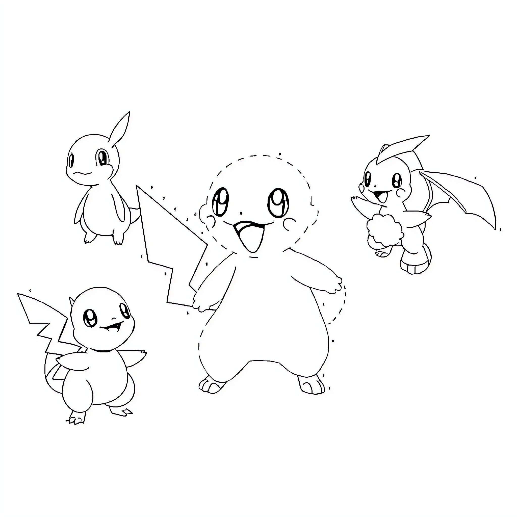 Pokémon characters in cute and animated poses Coloring Page (free black-and-white line drawing printable PDF for all, from beginners to advanced learners, including children, teens, adults, and seniors)