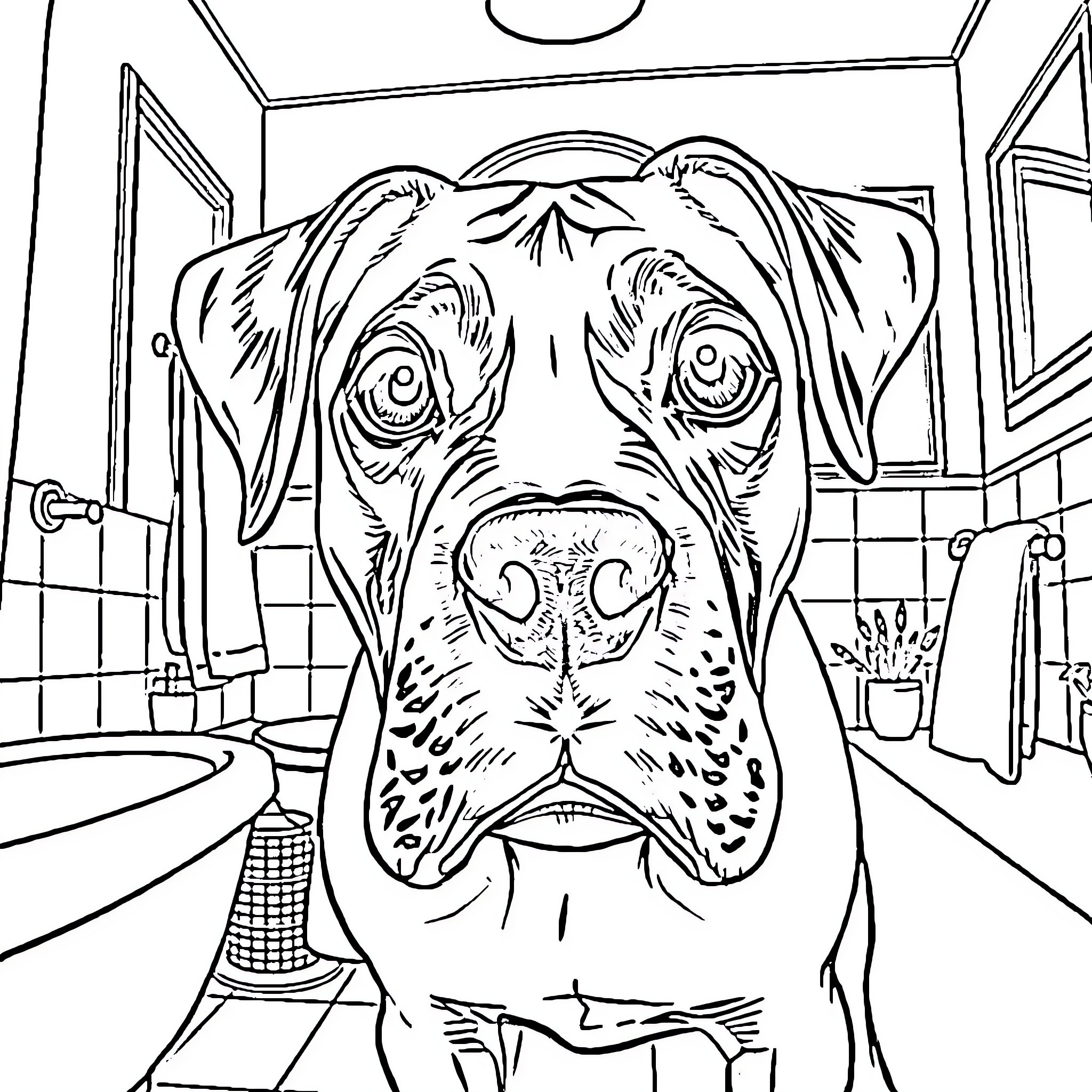 Boxer dog's curious expression in bathroom Coloring Page (free black-and-white line drawing printable PDF for all, from beginners to advanced learners, including children, teens, adults, and seniors)